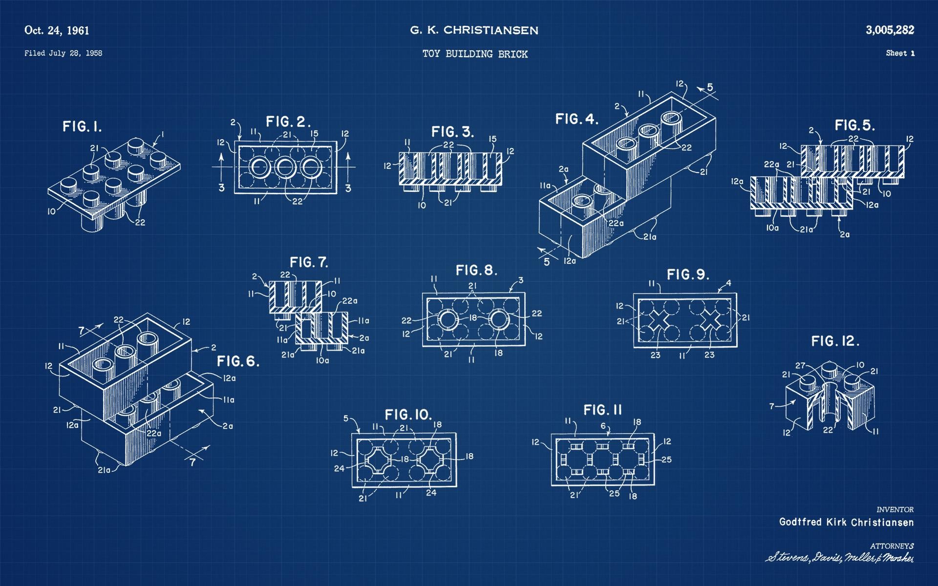 Brevetto LEGO, Godtfred Kirk Christiansen, Progetto, Sfondo blu, wallpaper Windows 11