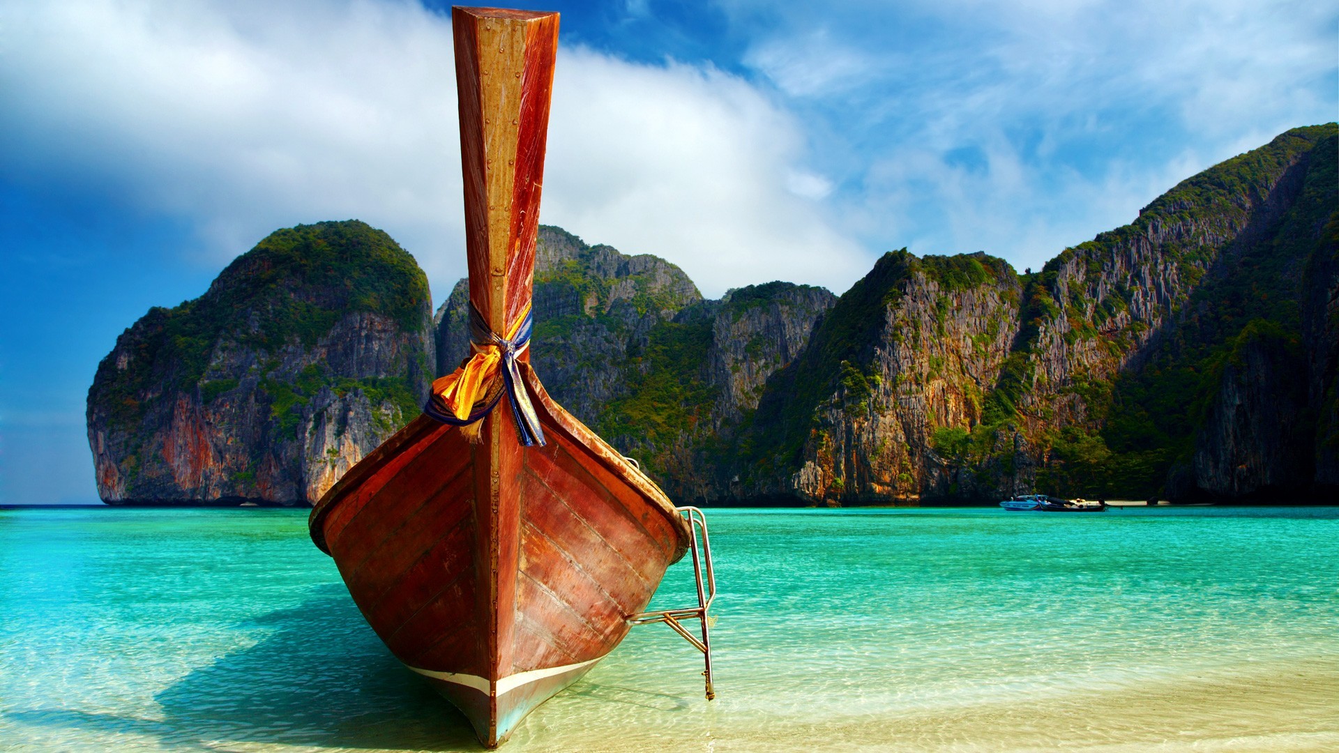 Barca a coda lunga, Thailandia, Spiaggia tropicale, Mare turchese, wallpaper PC