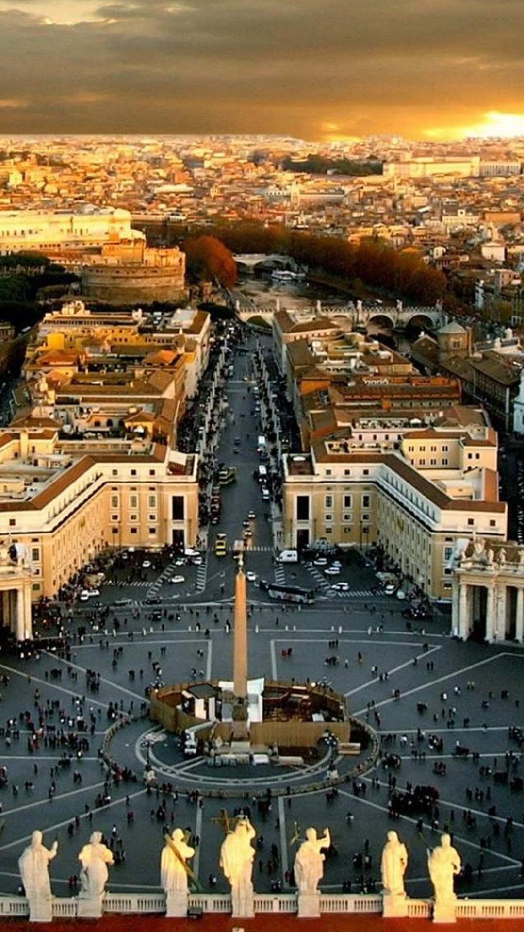 Piazza San Pietro, Via della Conciliazione, Città del Vaticano, Roma, Vista dall'alto, Tramonto, sfondo per cellulare