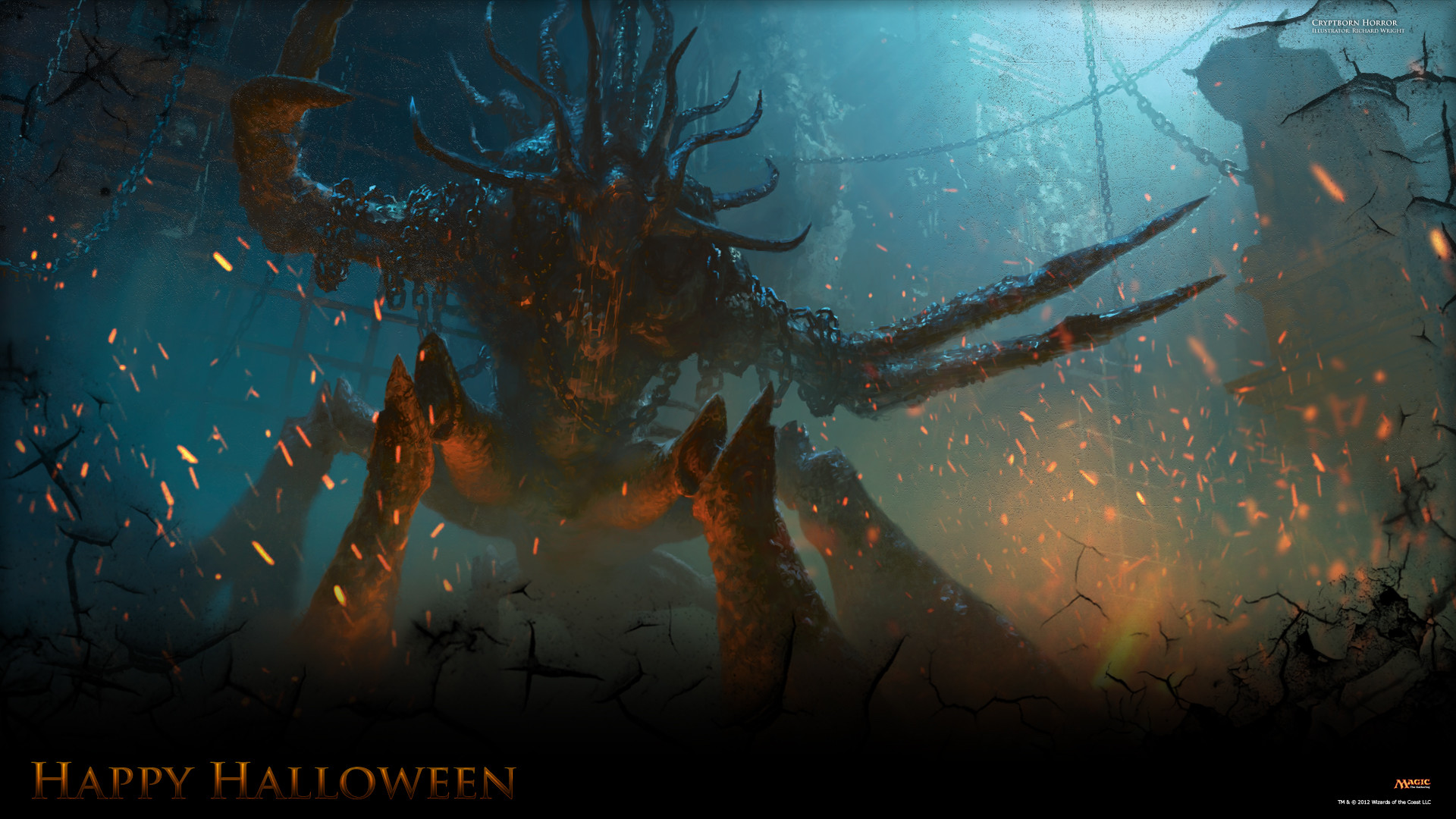 Halloween, Creatura demoniaca, Fantasy, Scintille, Notte, Full HD, wallpaper per PC