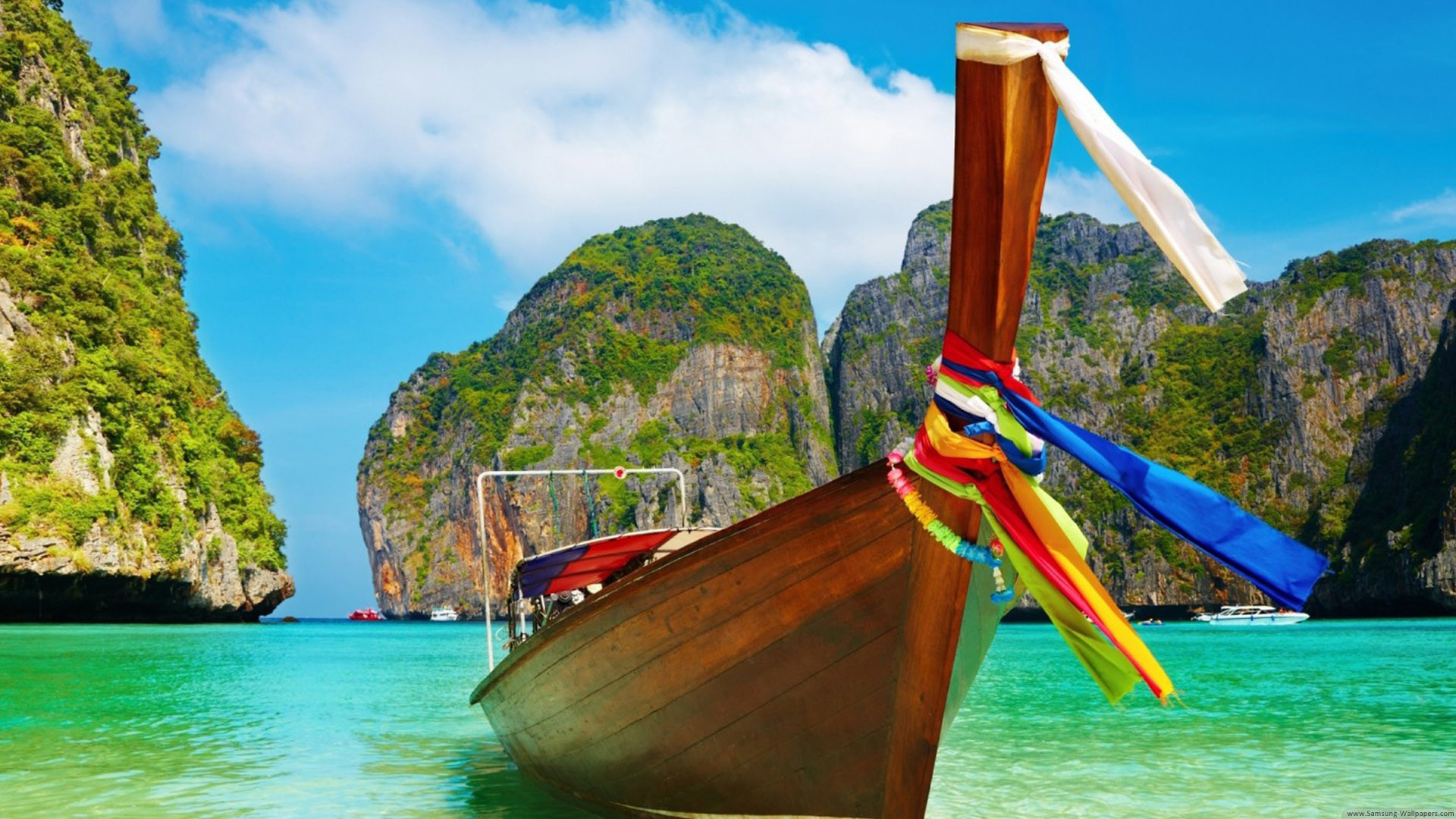 Maya Bay, Phi Phi, Thailandia, Barca a coda lunga, Mare turchese, sfondo per Samsung S3