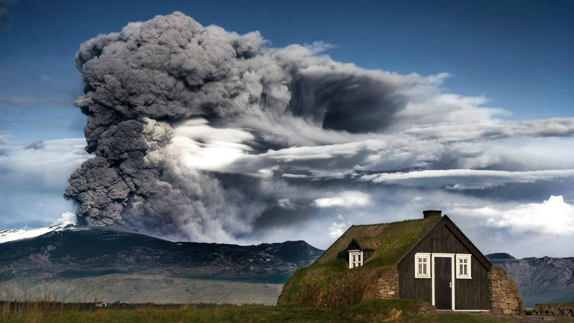 Eyjafjallajökull, Eruzione vulcanica, Islanda, Casa col tetto d'erba, Nube di cenere, sfondo desktop