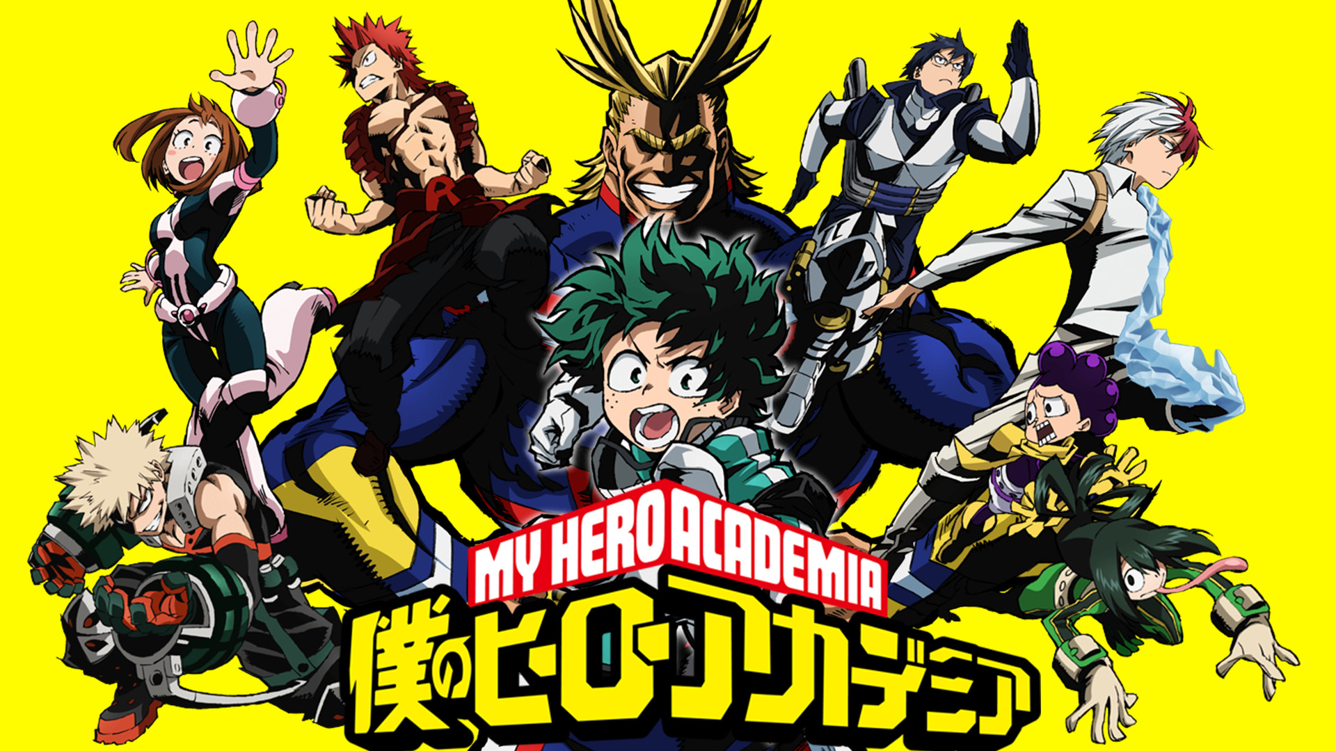 Izuku Midoriya, All Might, Katsuki Bakugo, Shoto Todoroki, Boku no Hero Academia, Sfondo giallo, wallpaper desktop