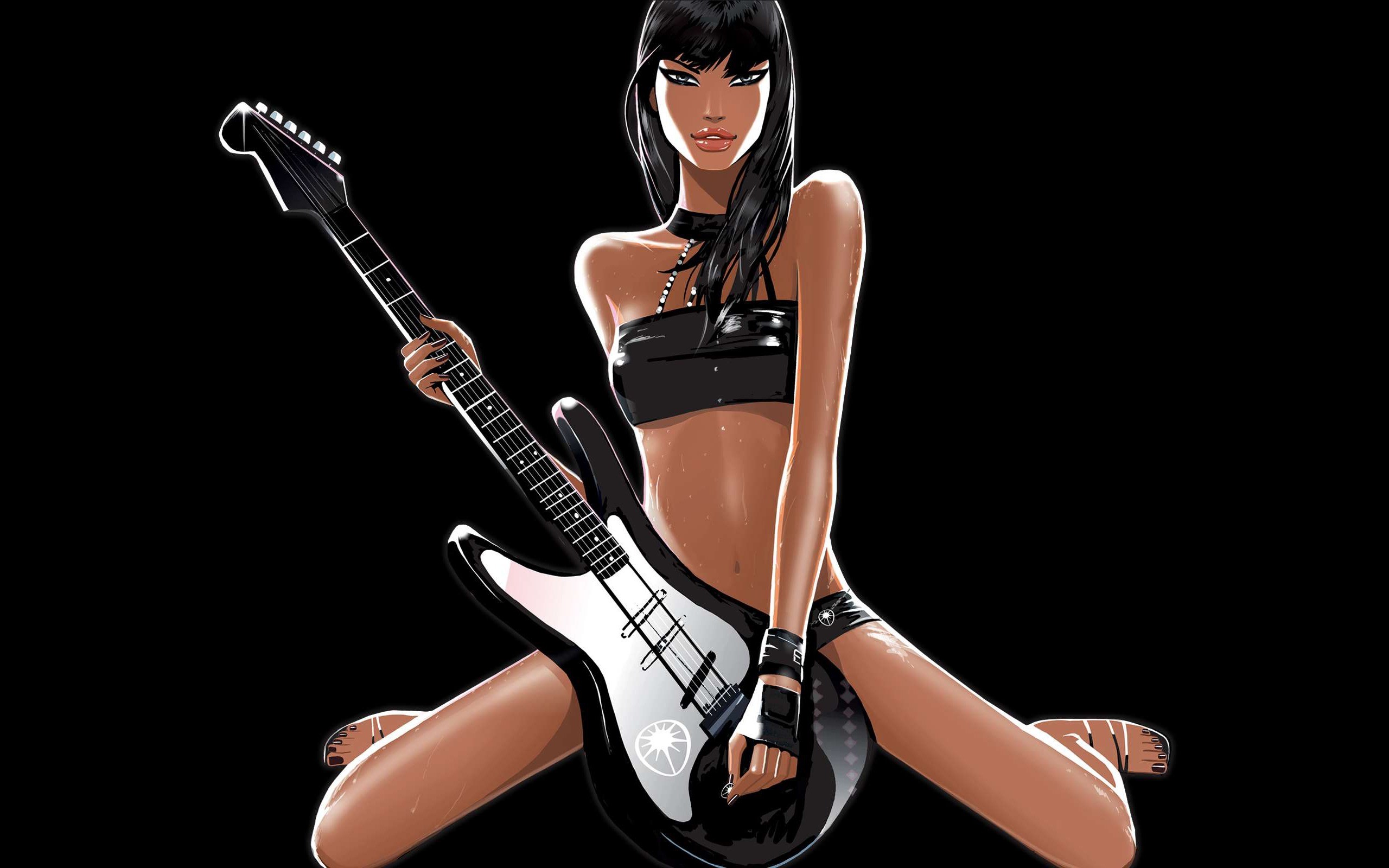 Ragazza rock, Chitarra elettrica, Illustrazione, Sfondo nero, 2560x1600, wallpaper desktop