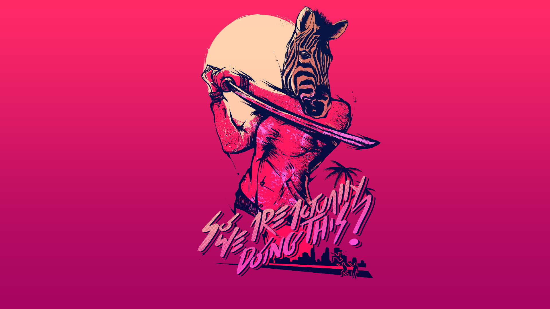 Hotline Miami 2: Wrong Number, Maschera da zebra, Katana, Sfondo rosa, wallpaper Windows 11
