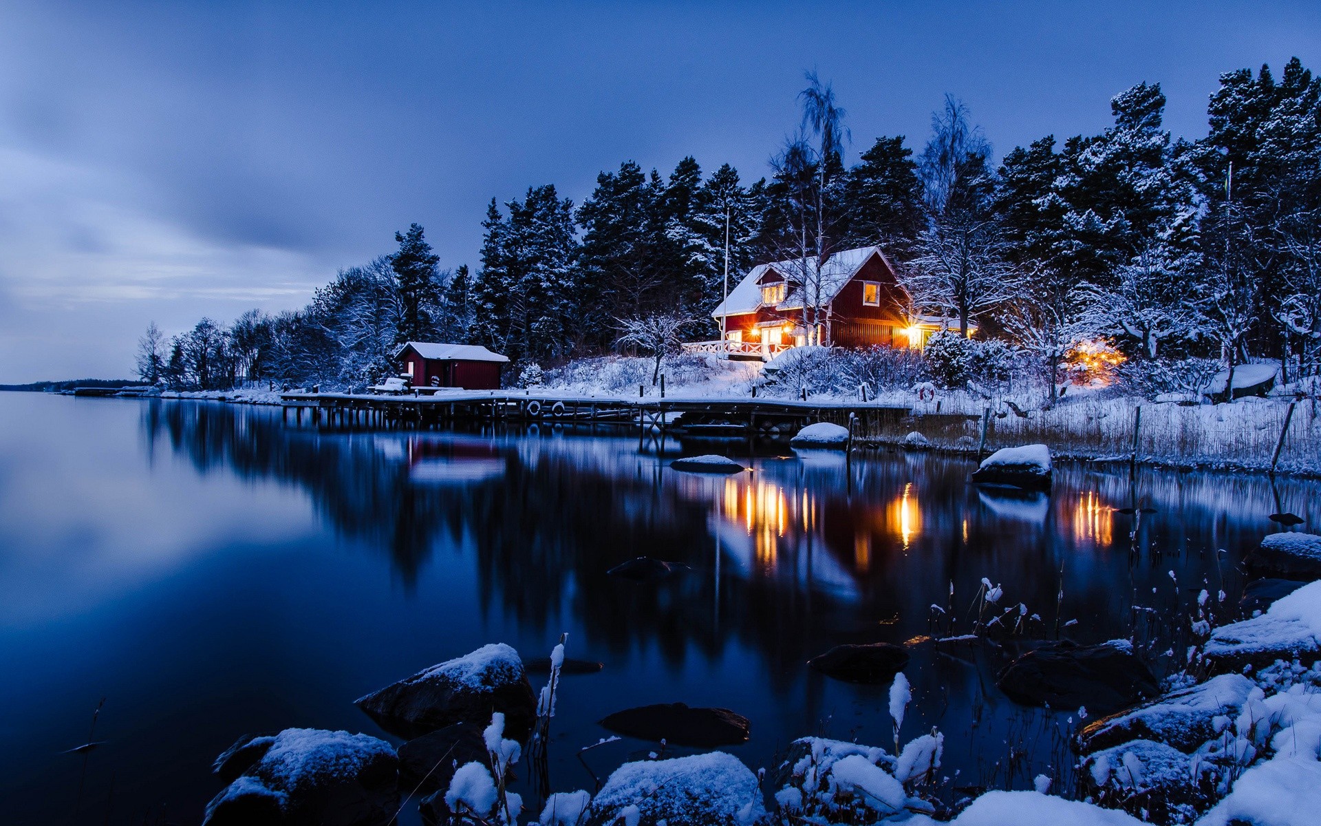 Lago, Cottage, Neve, Inverno, Crepuscolo, 1920x1200, immagine di sfondo