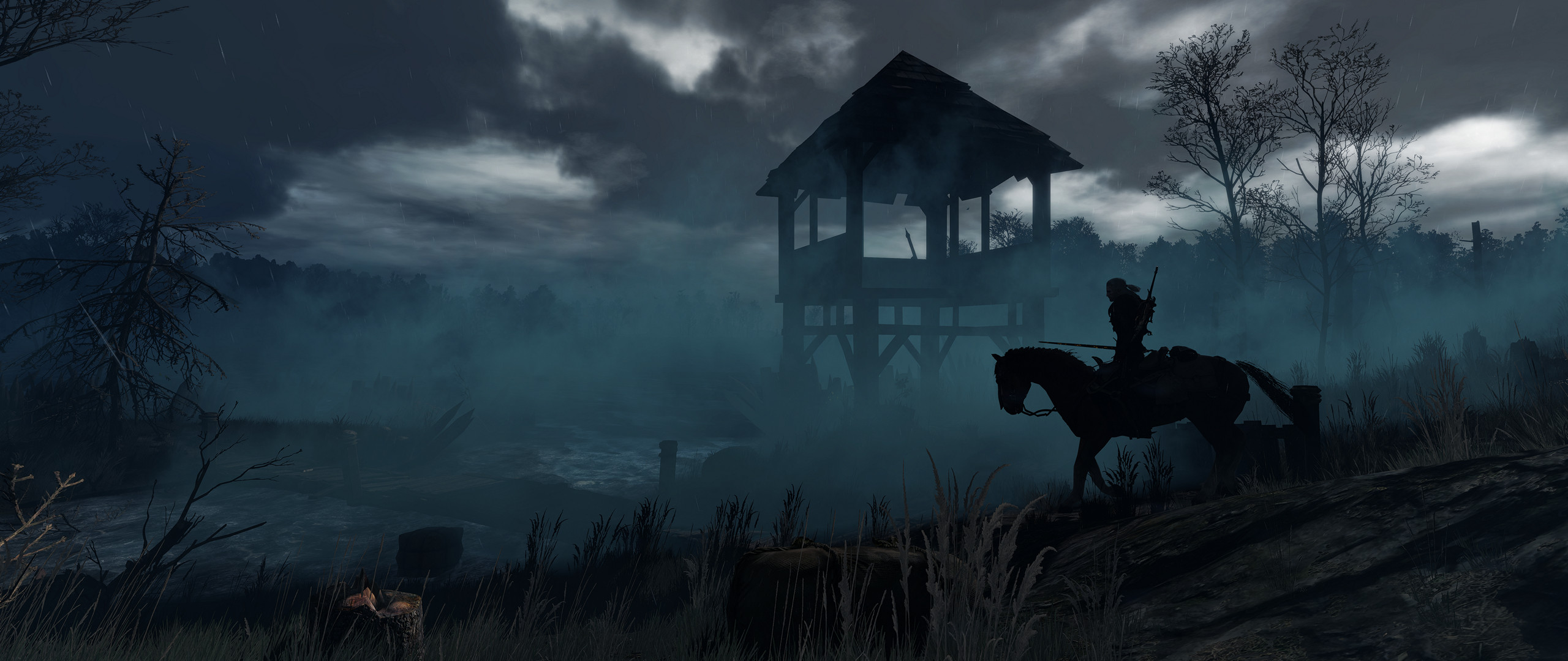 The Witcher 3: Wild Hunt, Velen, Cavaliere, Torre di guardia, Nebbia, sfondo 21:9 Full HD