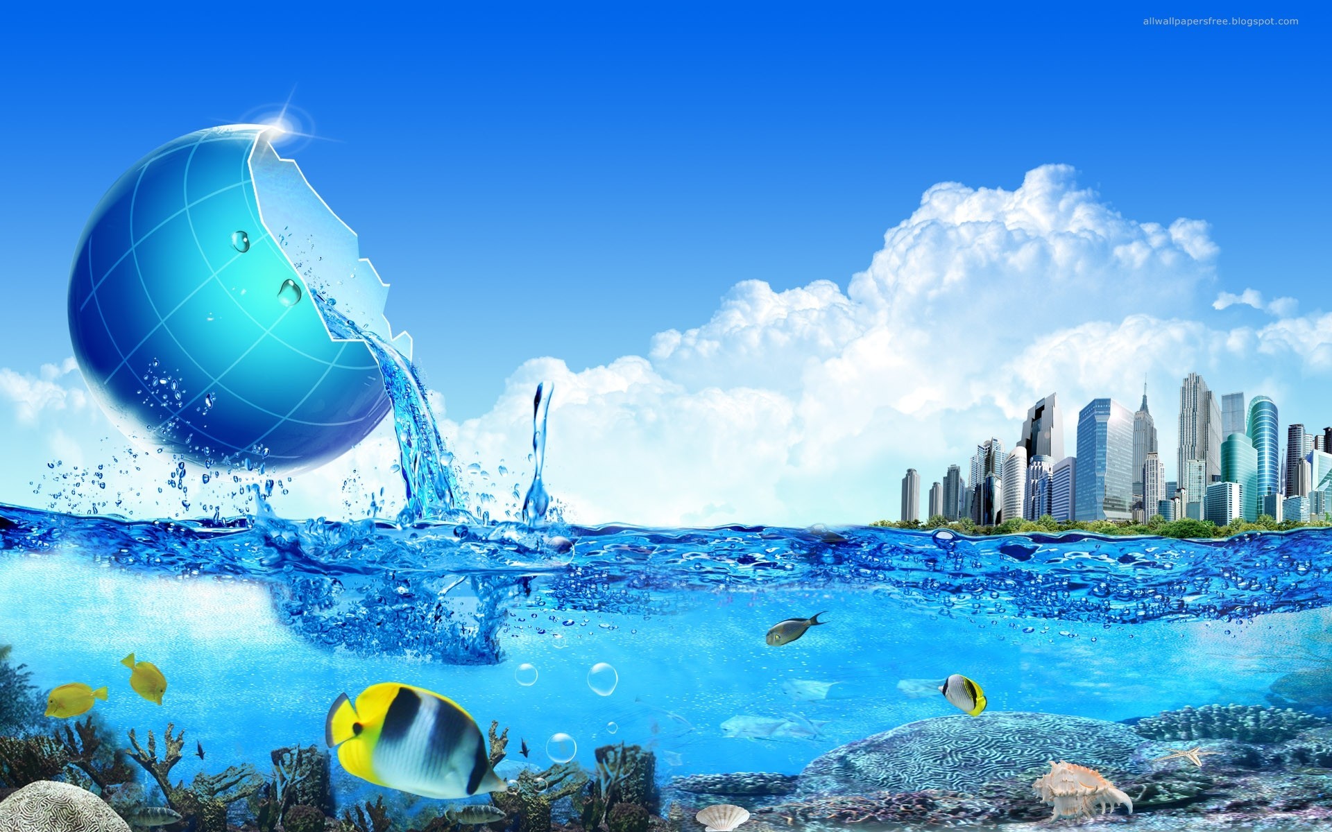 Globo, Acqua, Città, Pesci, Arte digitale, 1920x1200, immagine di sfondo