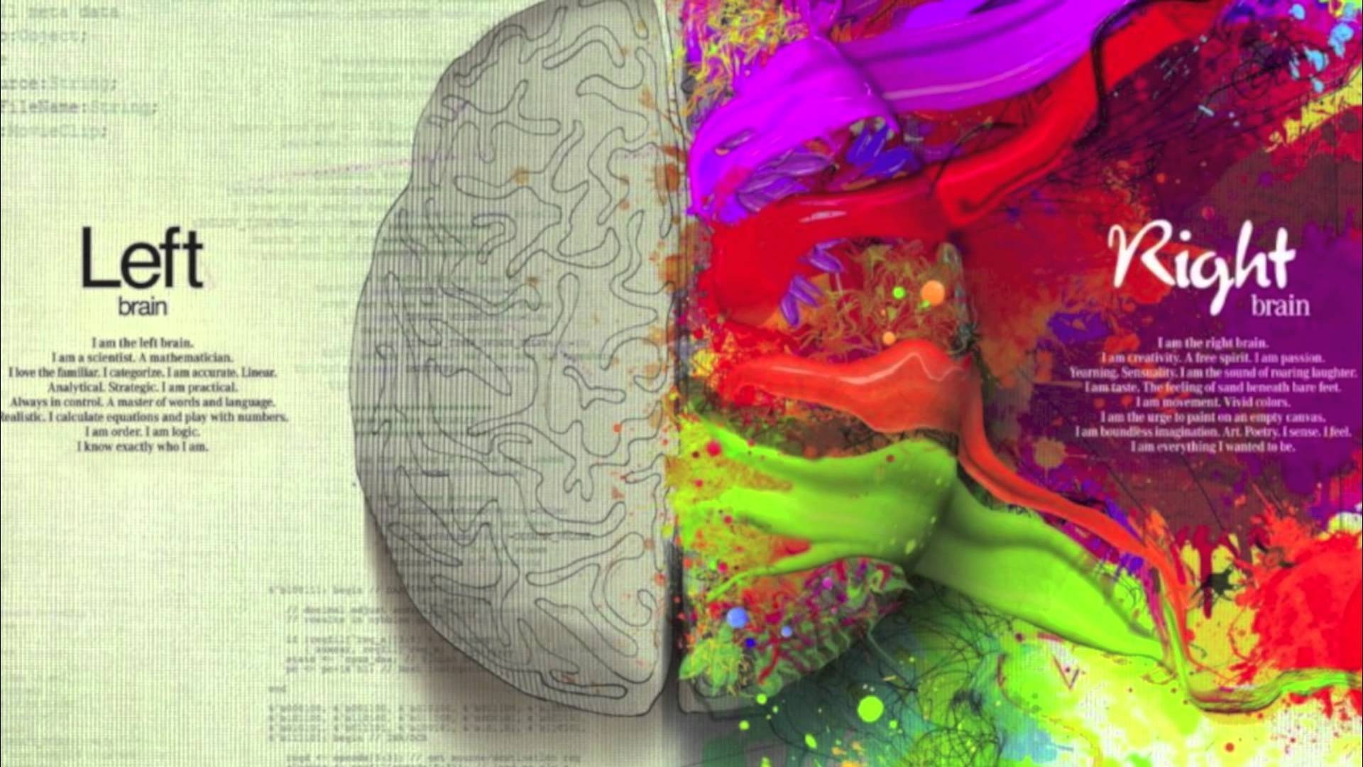 Cervello, Emisfero sinistro e destro, Left brain Right brain, Schizzi di vernice, sfondo 1080p