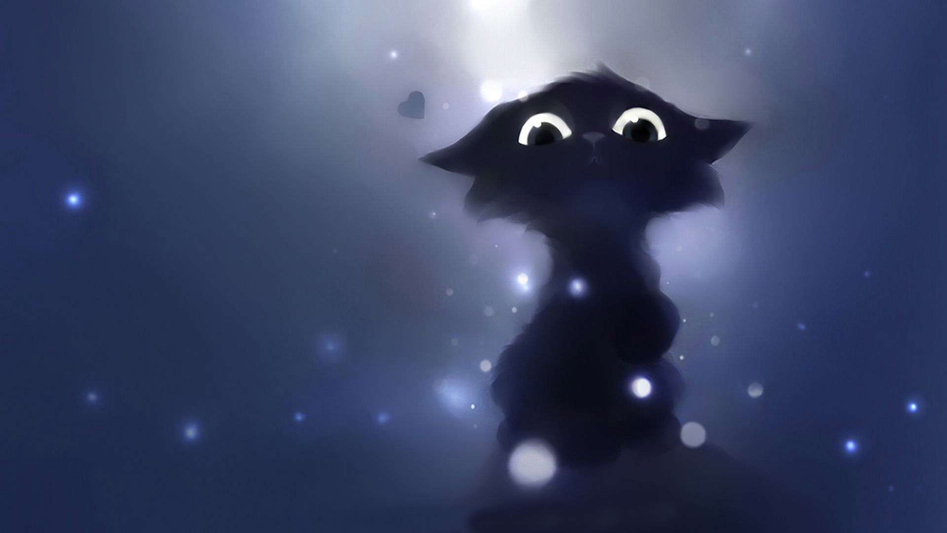 Gatto nero, Illustrazione, Occhi grandi, Blu, Arte digitale, Full HD, sfondo per PC e portatile