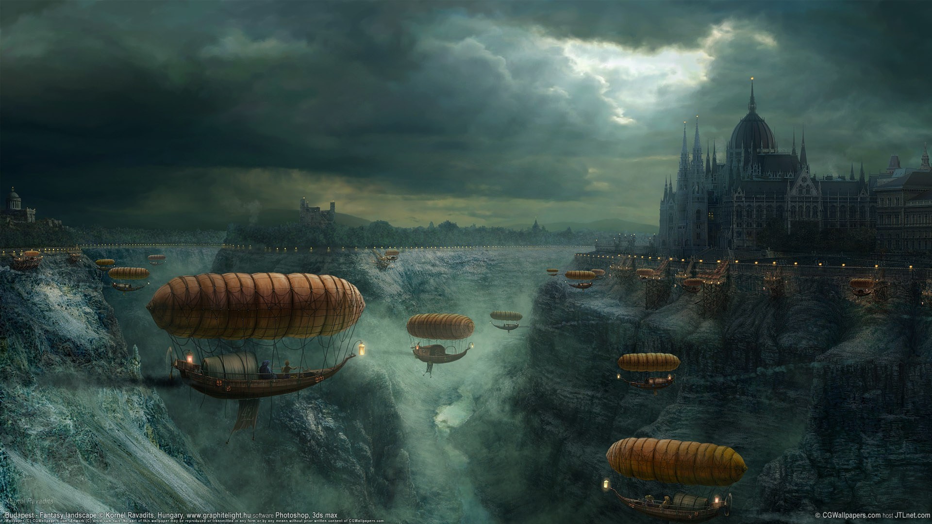 Steampunk, Dirigibili, Città fantasy, Arte digitale, Tempesta, Full HD, sfondo per PC