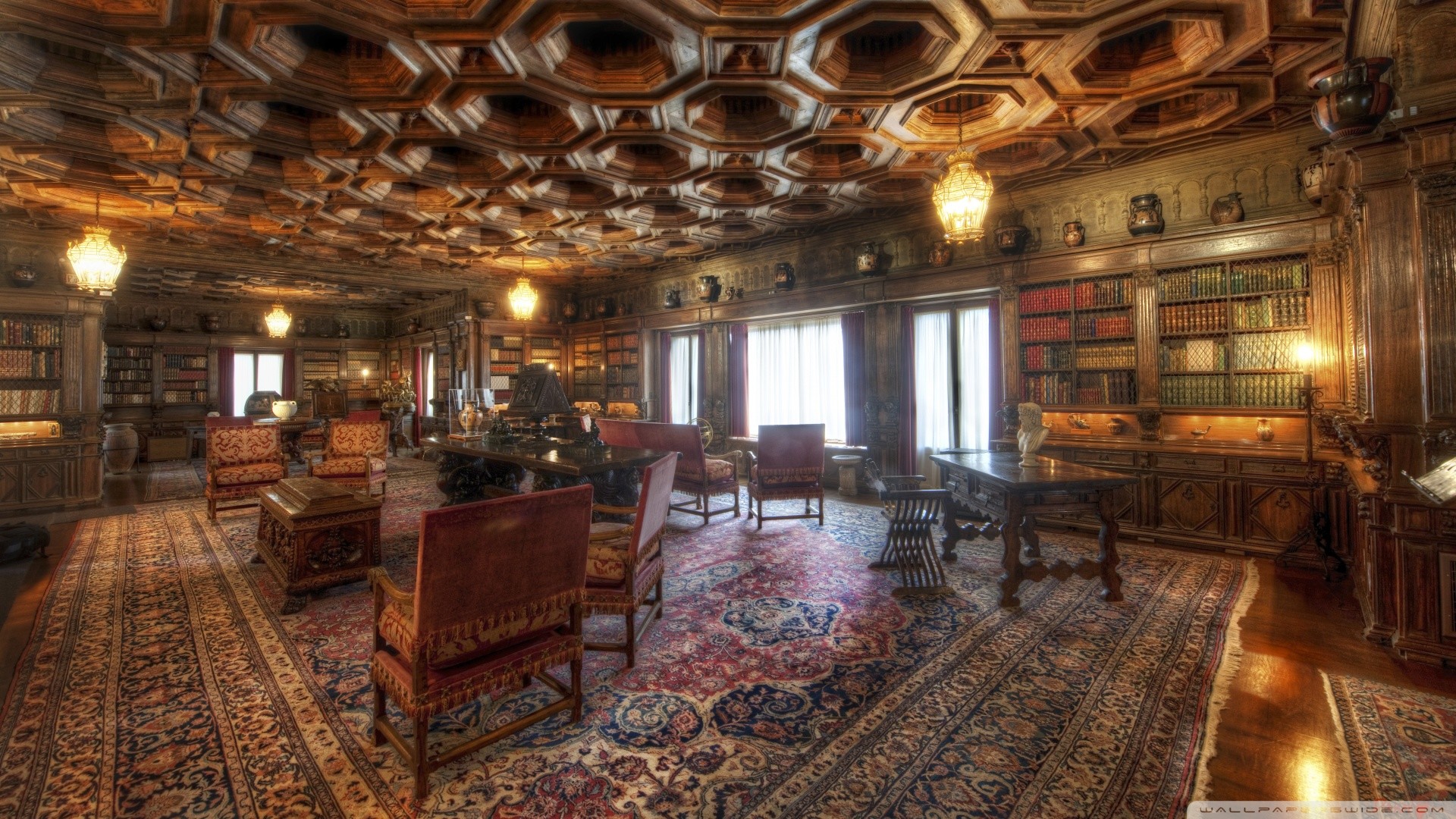 Biblioteca, Soffitto a cassettoni, Tappeto persiano, HDR, Full HD, sfondo per portatile