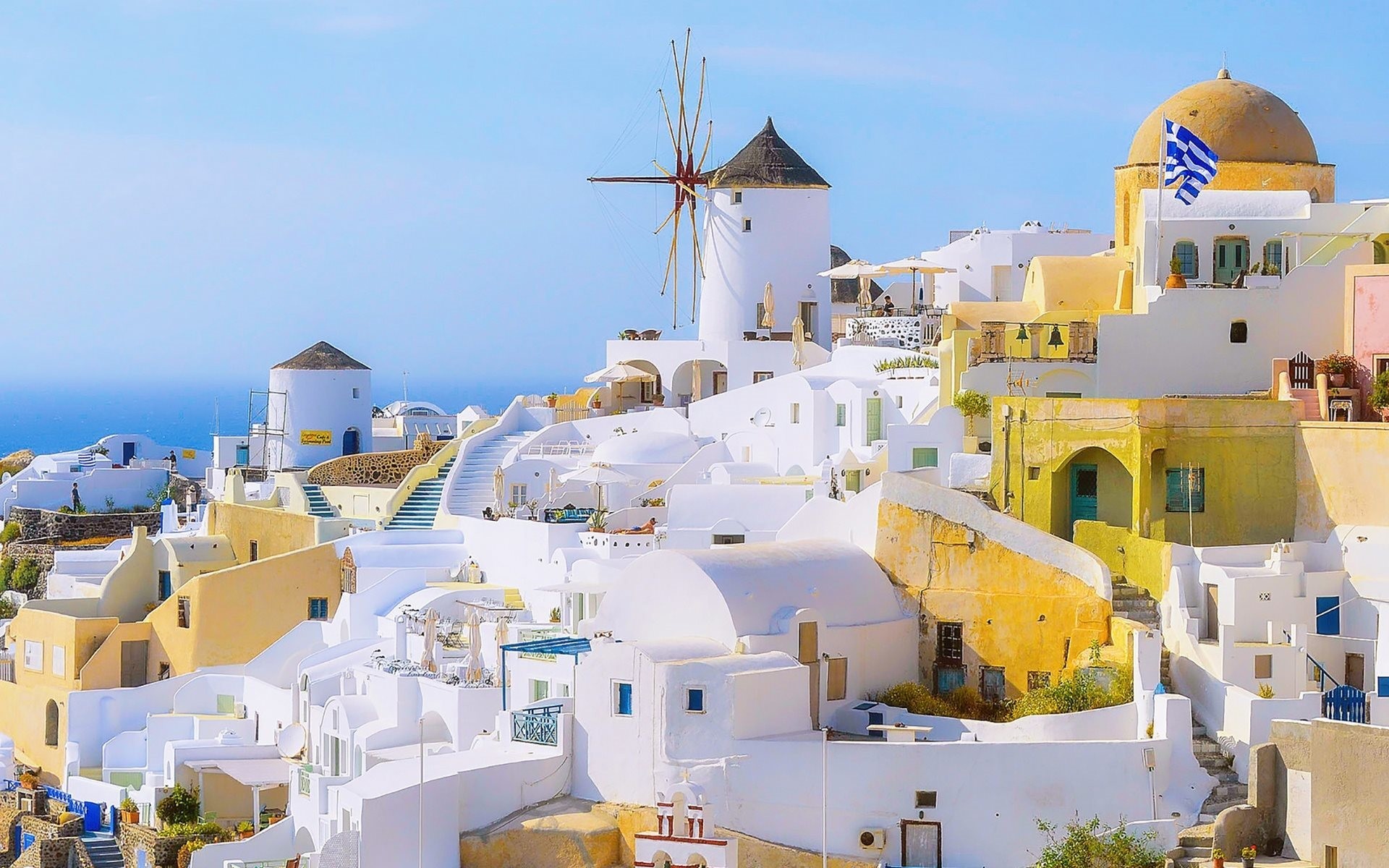 Santorini, Oia, Grecia, Mulino a vento, Case bianche, 1920x1200, immagine di sfondo
