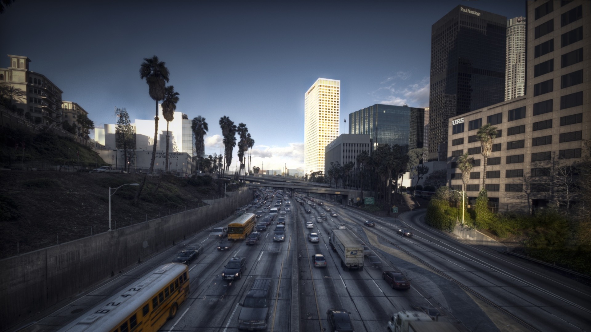 Los Angeles, Autostrada, Palme, Grattacieli, Traffico, 1920x1080, wallpaper desktop