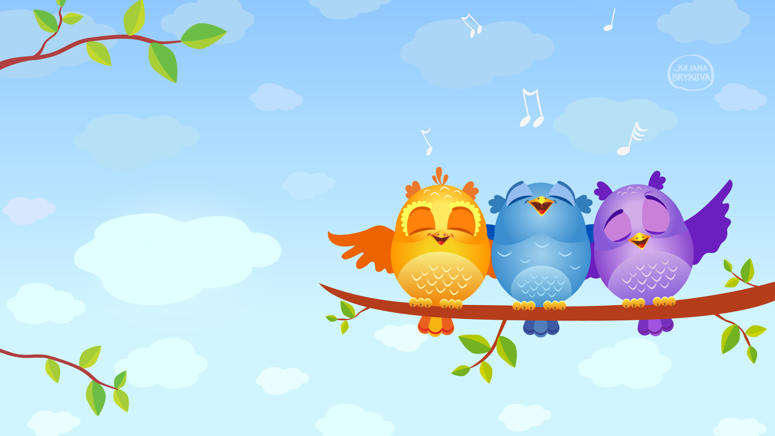 Uccellini, Ramo, Note musicali, Cartone animato, 16:9 2K, sfondo widescreen