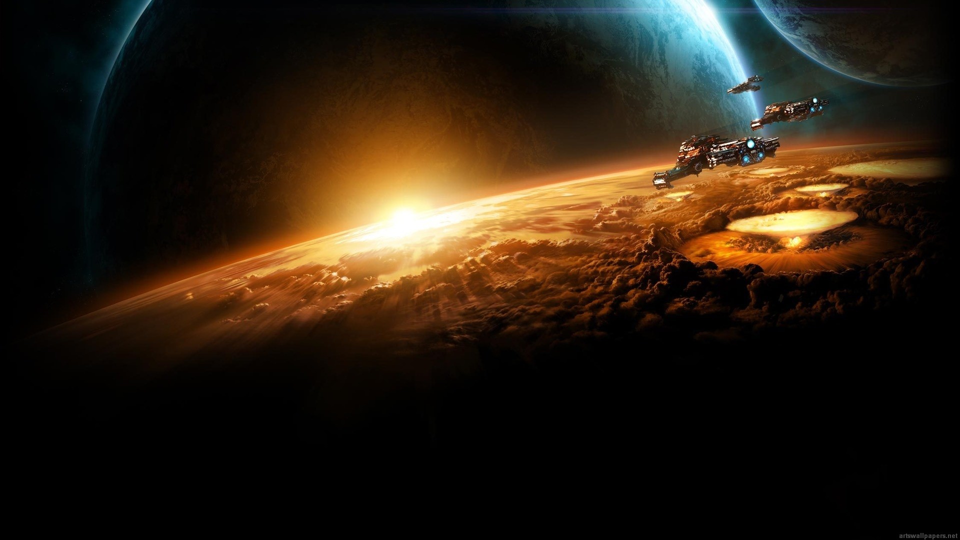 Pianeta, Astronavi, Alba spaziale, Fantascienza, Full HD, immagine di sfondo PC