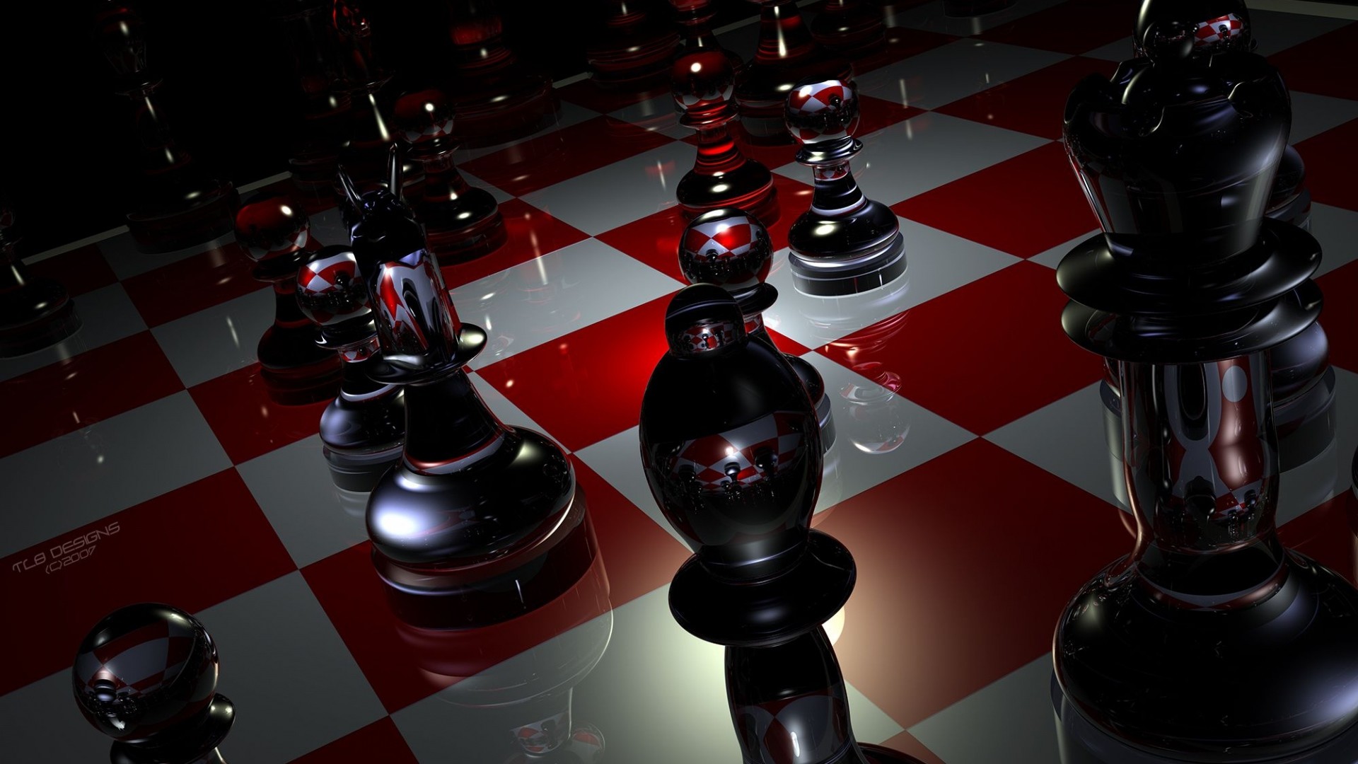 Scacchi, Scacchiera, Rosso e bianco, Rendering 3D, Full HD, sfondo per PC e portatile