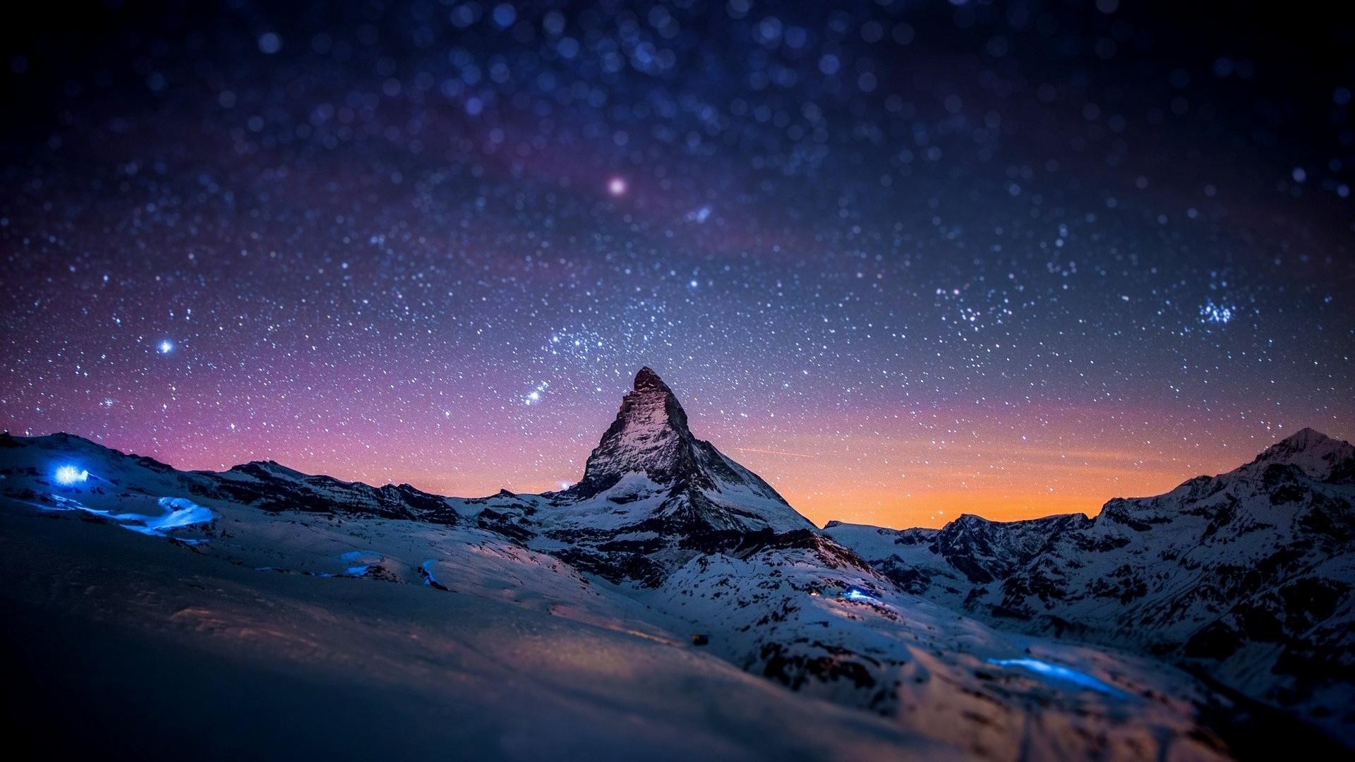 Cervino, Alpi, Cielo stellato, Montagna innevata, Full HD 1080p, sfondo desktop