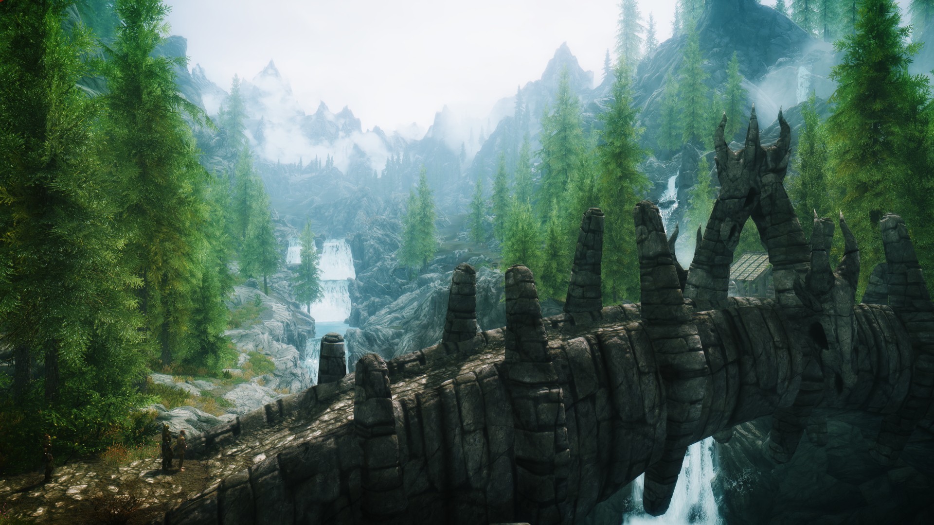 The Elder Scrolls V: Skyrim, Rovine, Cascata, Foresta, Full HD, sfondo per portatile