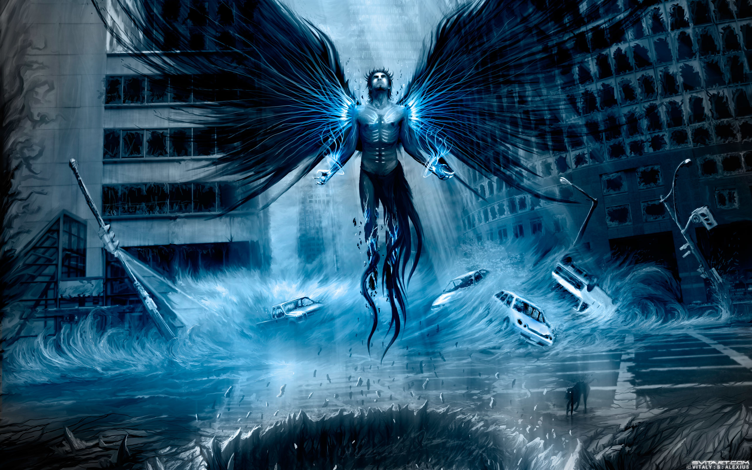 Angelo, Ali, Città allagata, Fantasy, Blu, 2560x1600, sfondo MacBook Pro