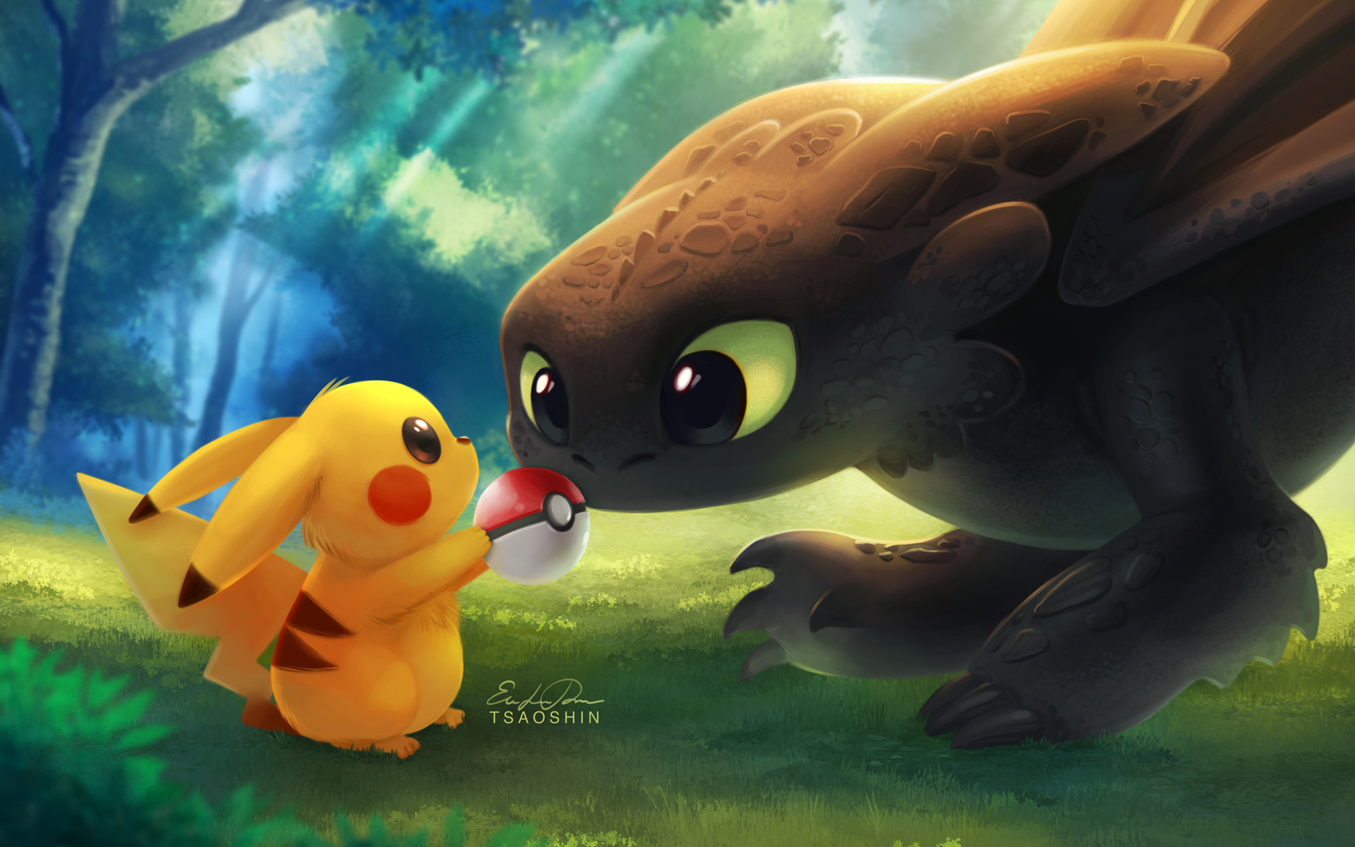 Pikachu, Sdentato, Dragon Trainer, Crossover, Poké Ball, 1920x1200, sfondo per PC