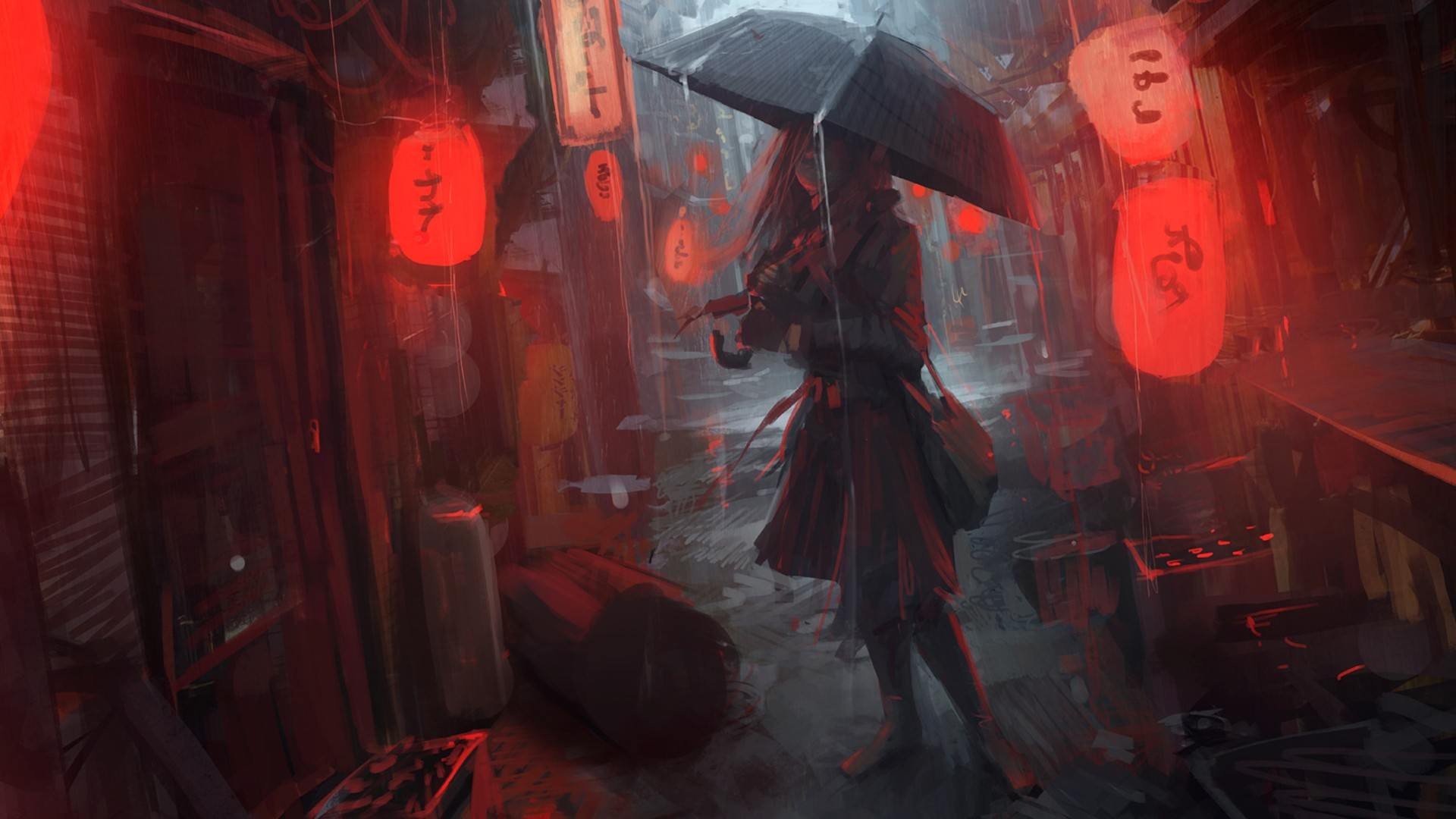 Ragazza con ombrello, Lanterne rosse, Pioggia, Vicolo, Arte digitale, sfondo desktop Full HD