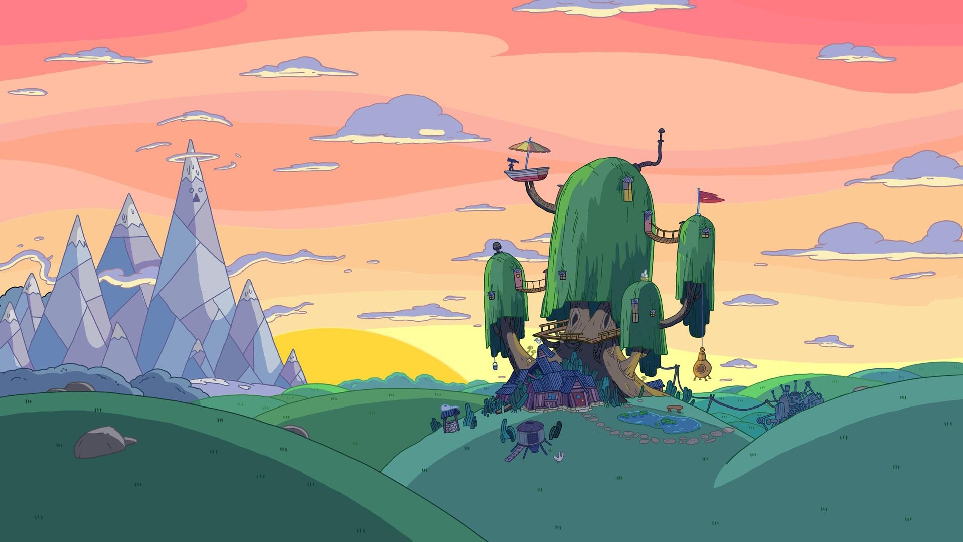 Casa sull'albero, Adventure Time, Terra di Ooo, Montagne, Tramonto, sfondo 1920x1080 per PC