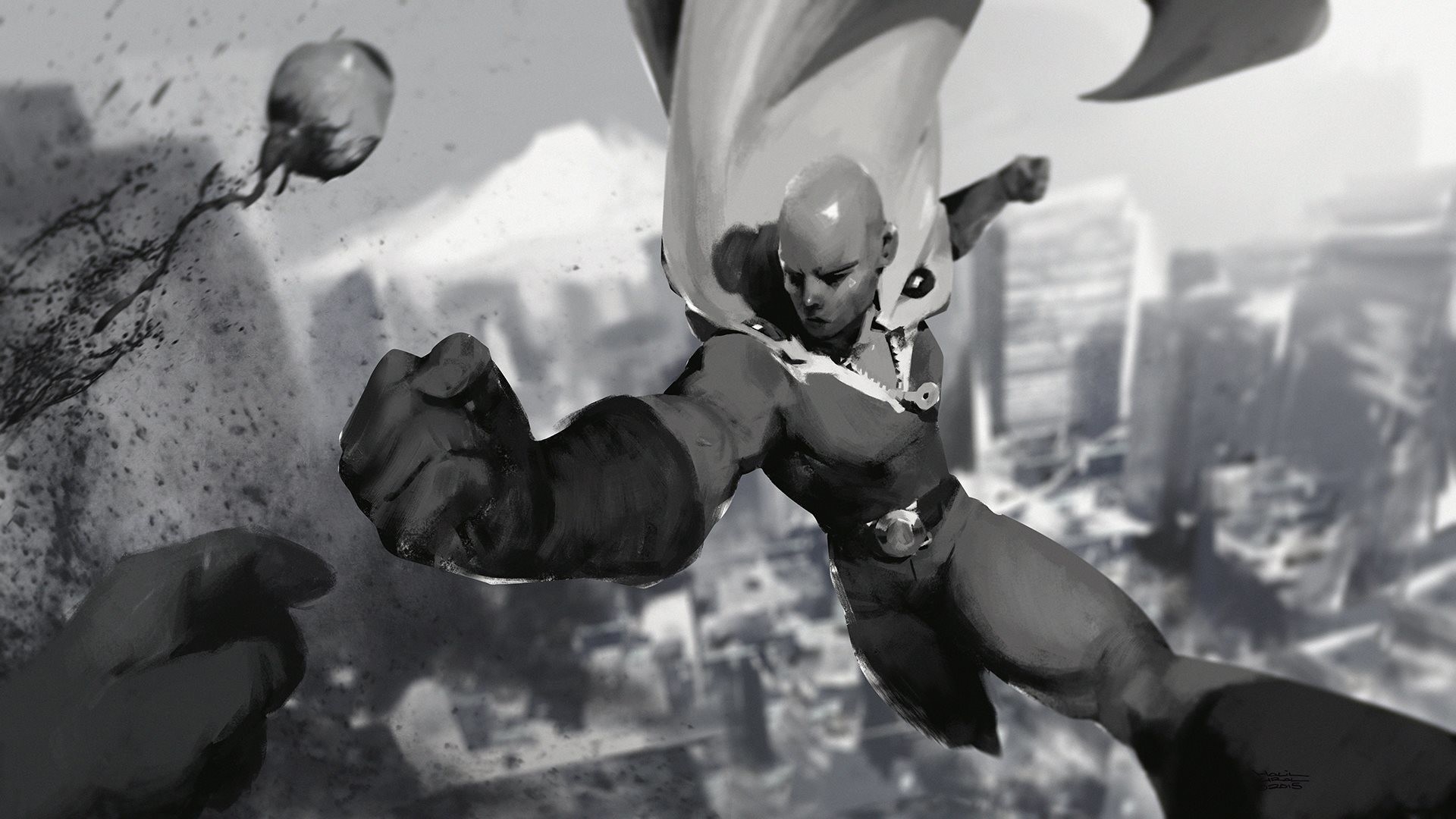 Saitama, One Punch Man, Pugno, Città, Bianco e nero, 16:9 Full HD, sfondo widescreen
