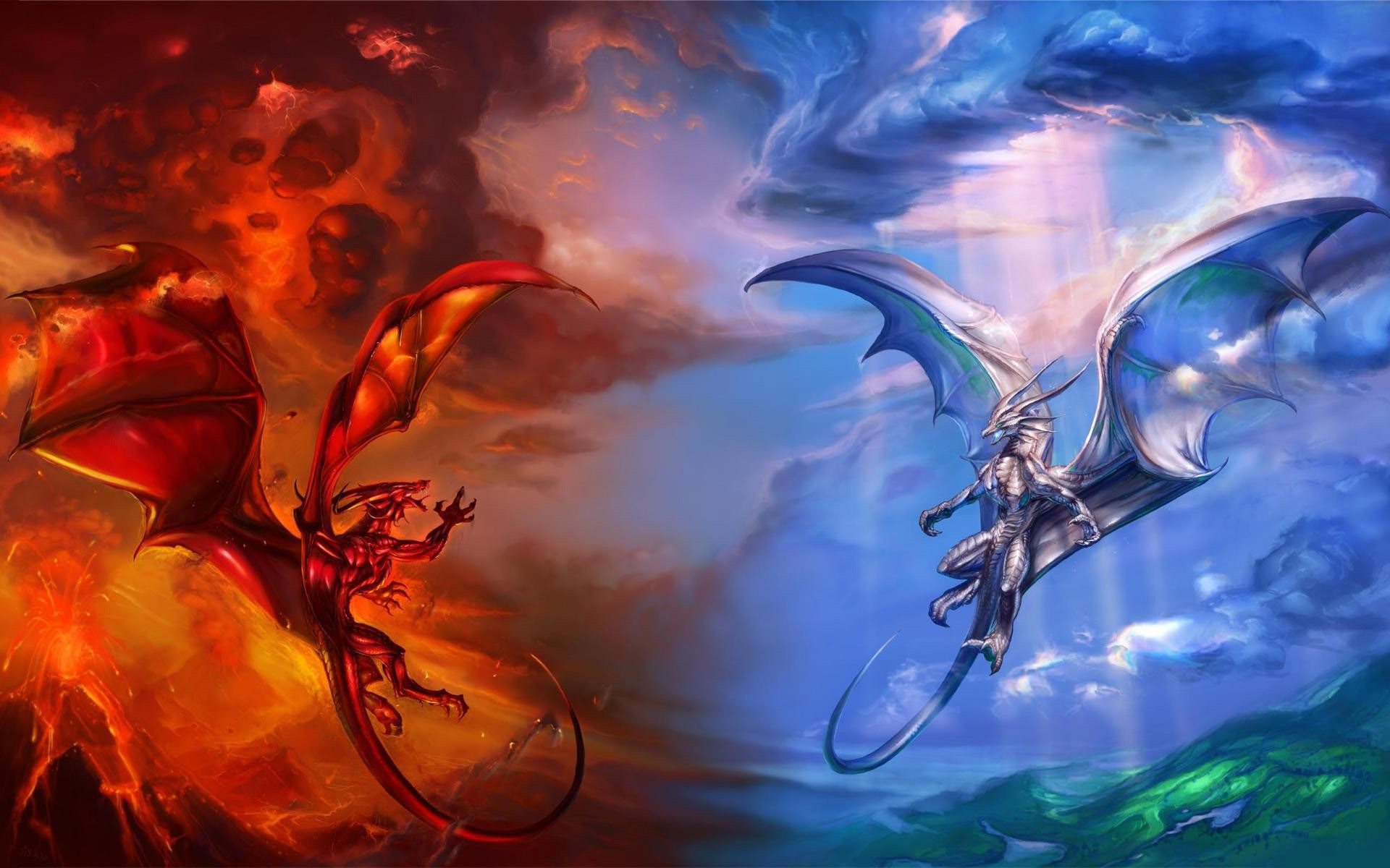 Drago di fuoco, Drago di ghiaccio, Battaglia, Rosso e blu, 16:10 Full HD, sfondo widescreen