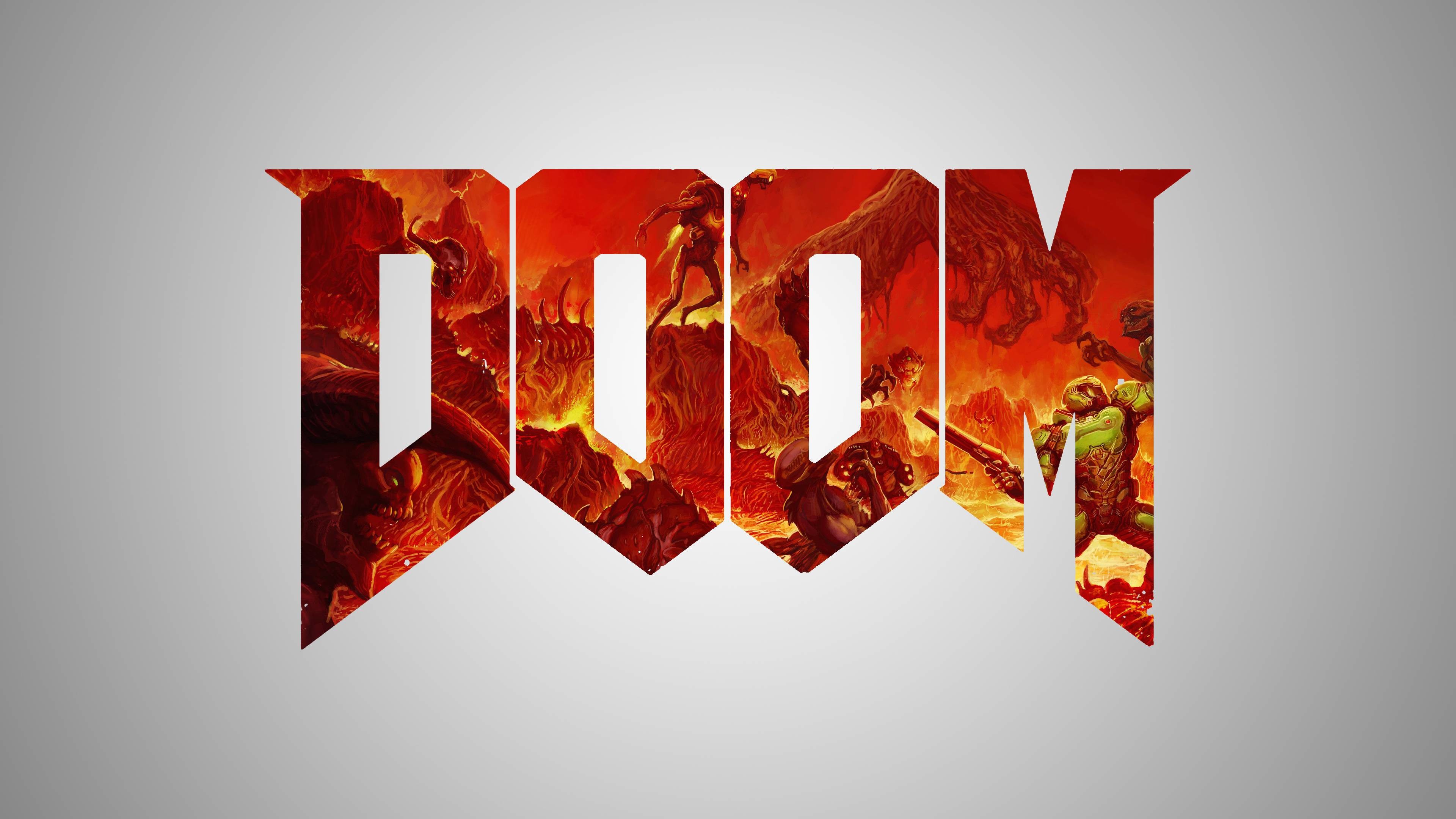 Doom, Logo, Sfondo grigio, 16:9 4K, wallpaper widescreen