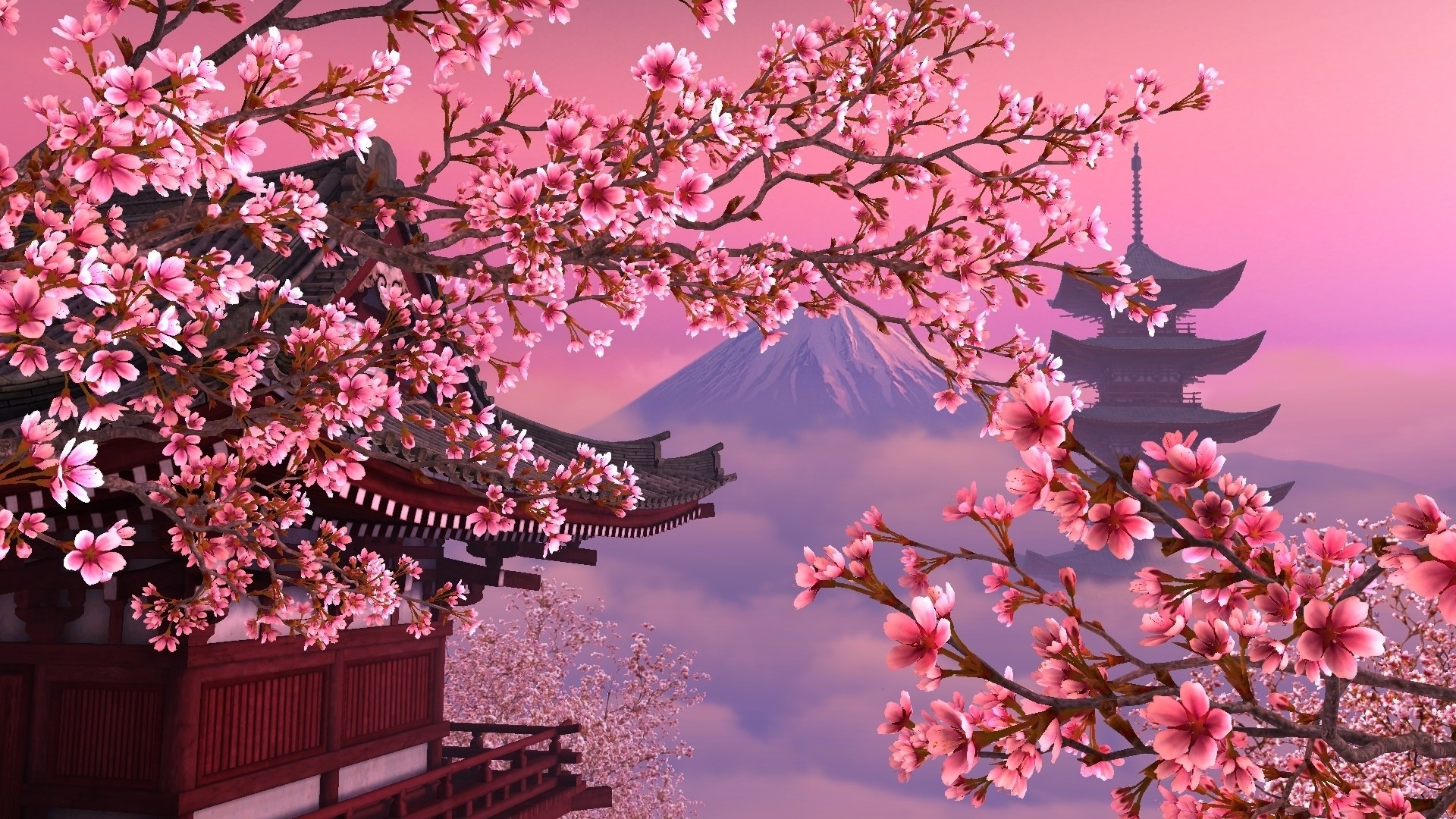Fiori di ciliegio, Monte Fuji, Pagoda, Giappone, Arte digitale, Full HD, sfondo per portatile