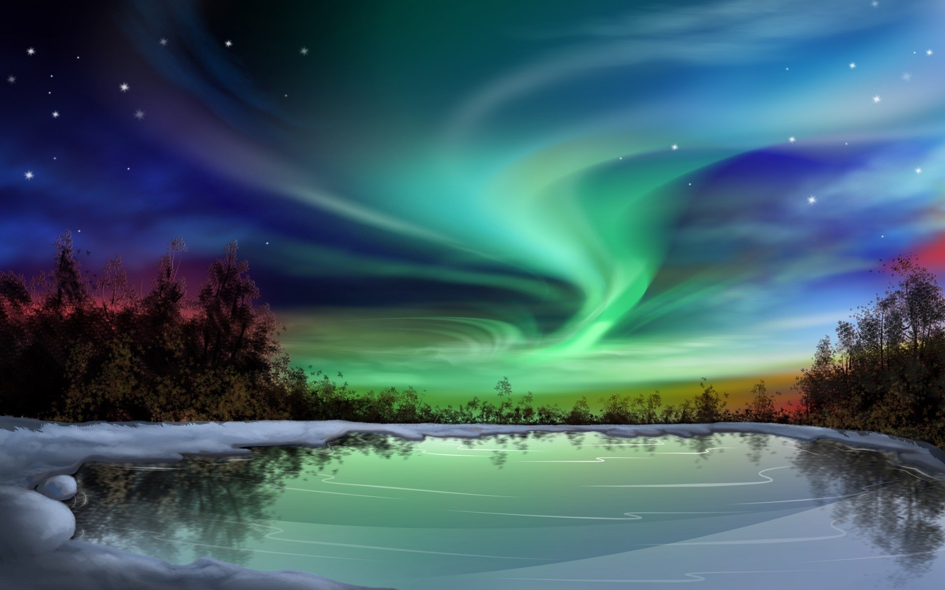 Aurora boreale, Lago ghiacciato, Notte, 1920x1200, sfondo MacBook Pro