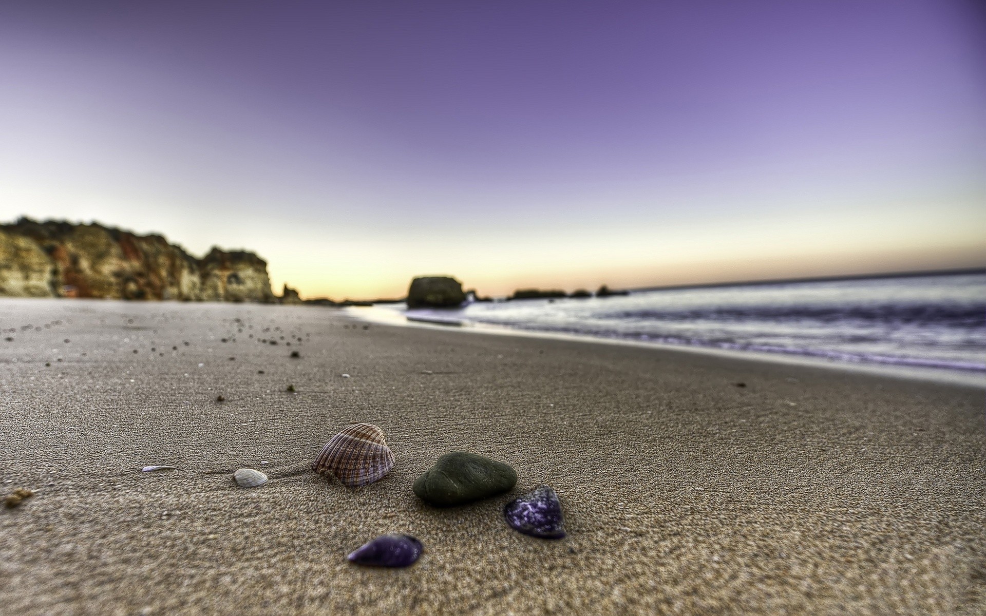 Spiaggia, Conchiglie, Tramonto, Mare, sfondo PC Full HD