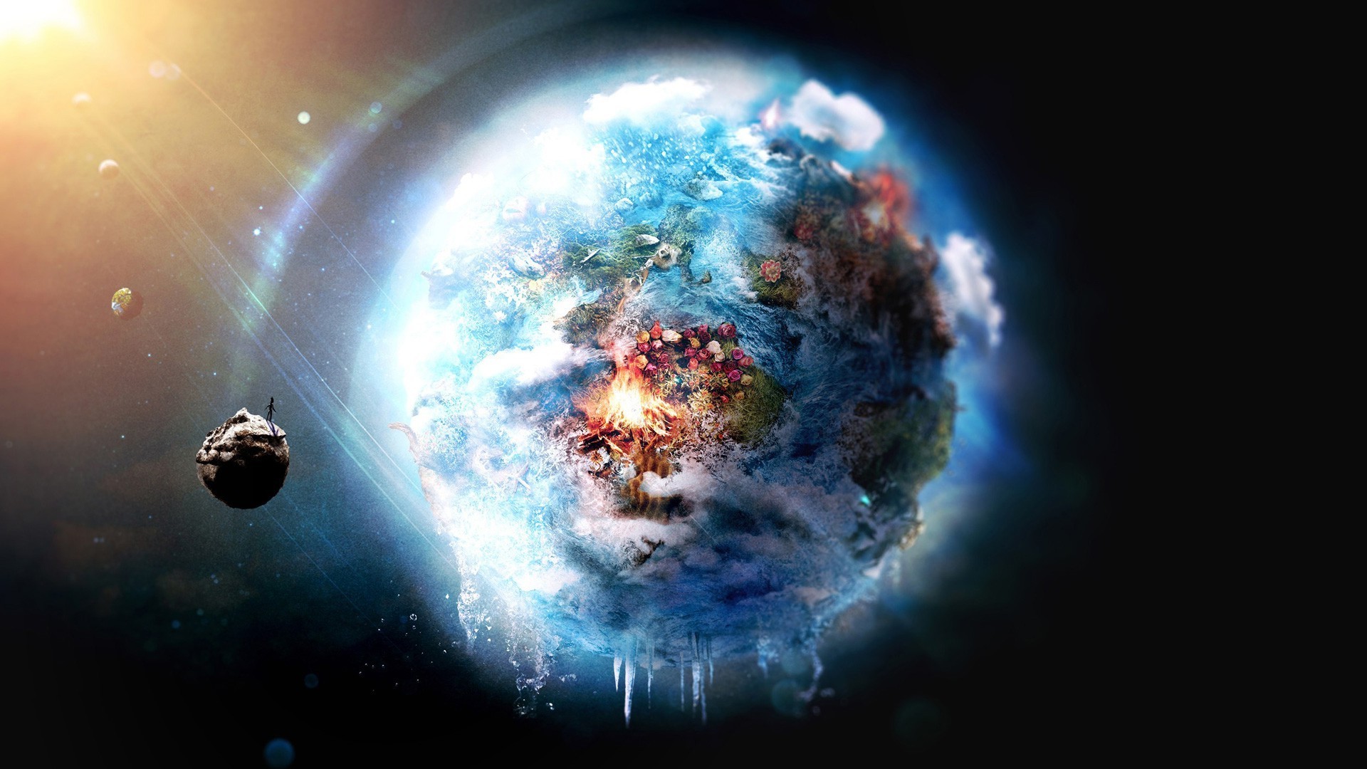 Pianeta, Ghiaccio, Luna, Arte digitale, 16:9 Full HD, sfondo widescreen