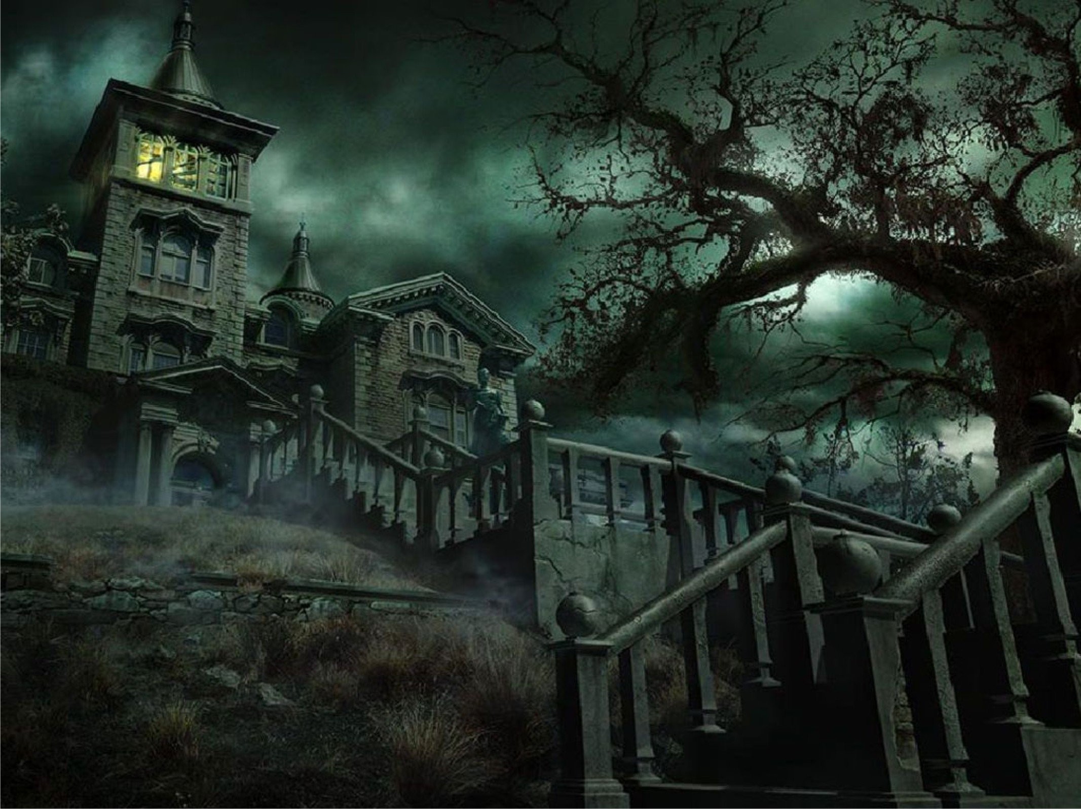Villa infestata, Scalinata, Albero contorto, Notte, Gotico, Full HD, sfondo per iPad e tablet
