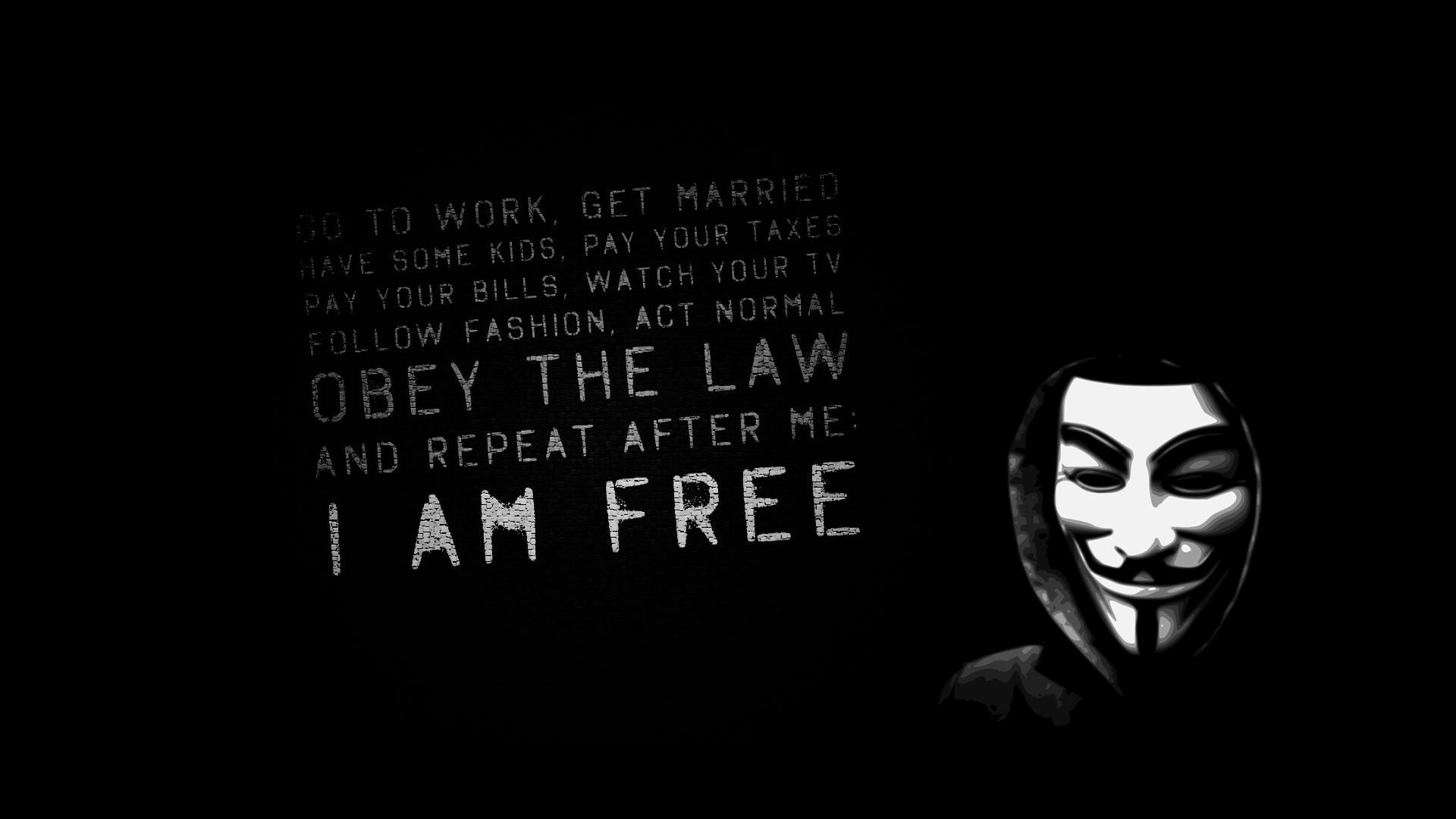 Maschera di Guy Fawkes, I Am Free, Citazione, Sfondo nero, Tipografia, wallpaper per portatile