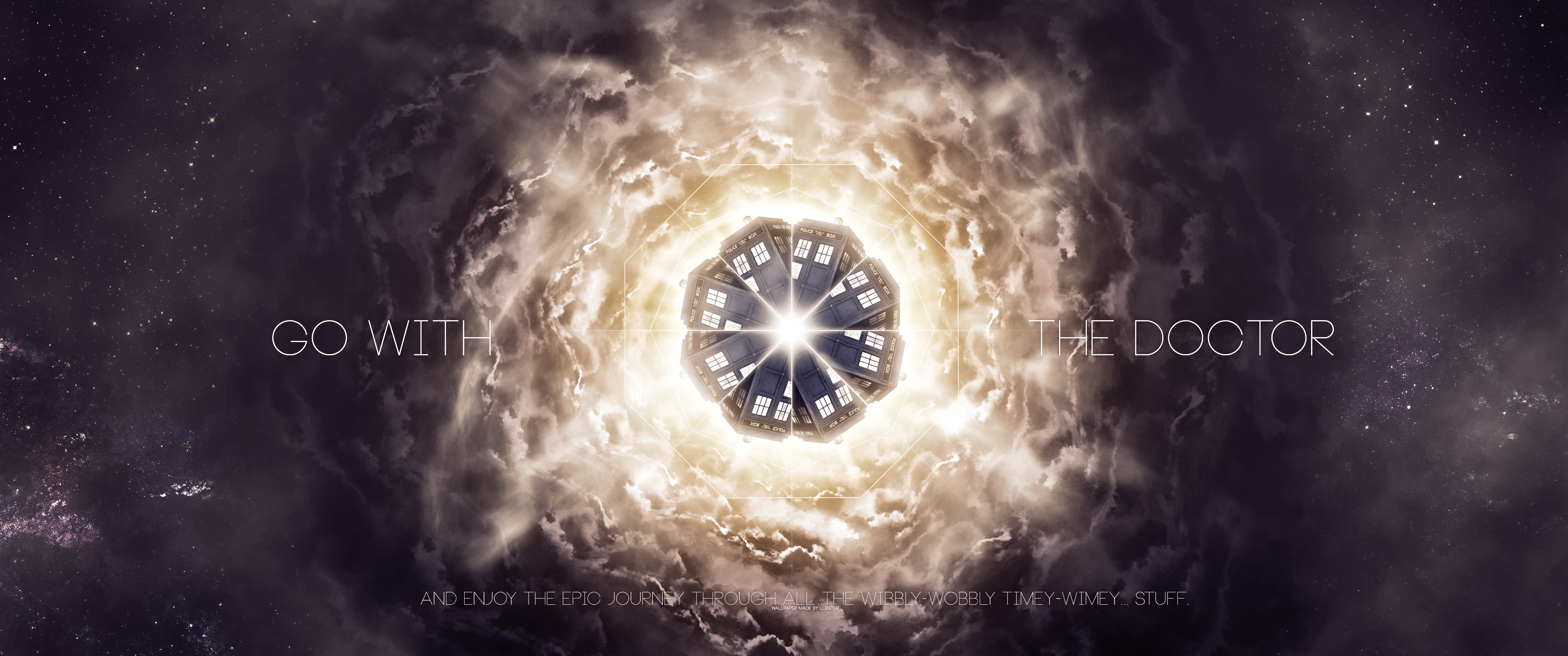 Doctor Who, Go with the Doctor, Esplosione di luce, Tipografia, 21:9 2K, sfondo per monitor ultrawide