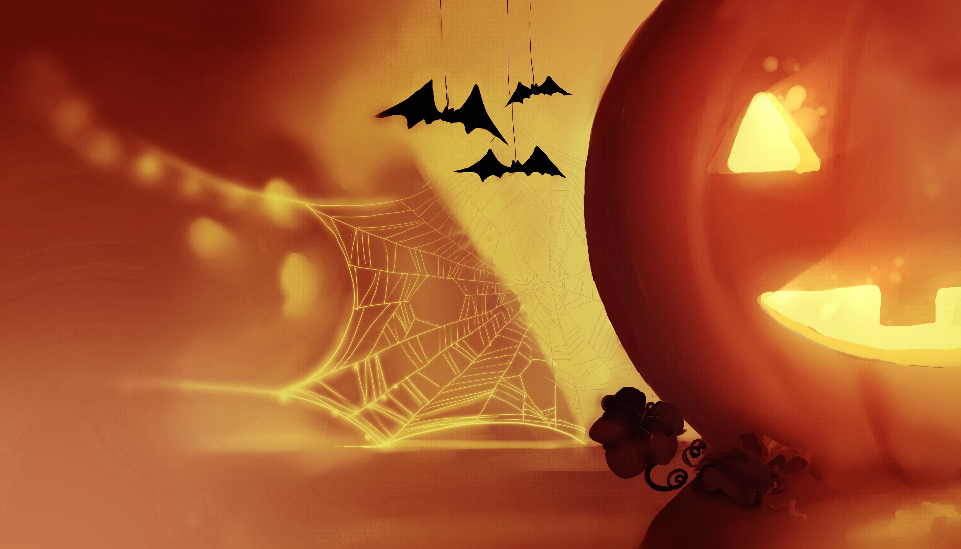 Jack-o'-lantern, Ragnatela, Pipistrelli, Arancione, 2K, sfondo desktop