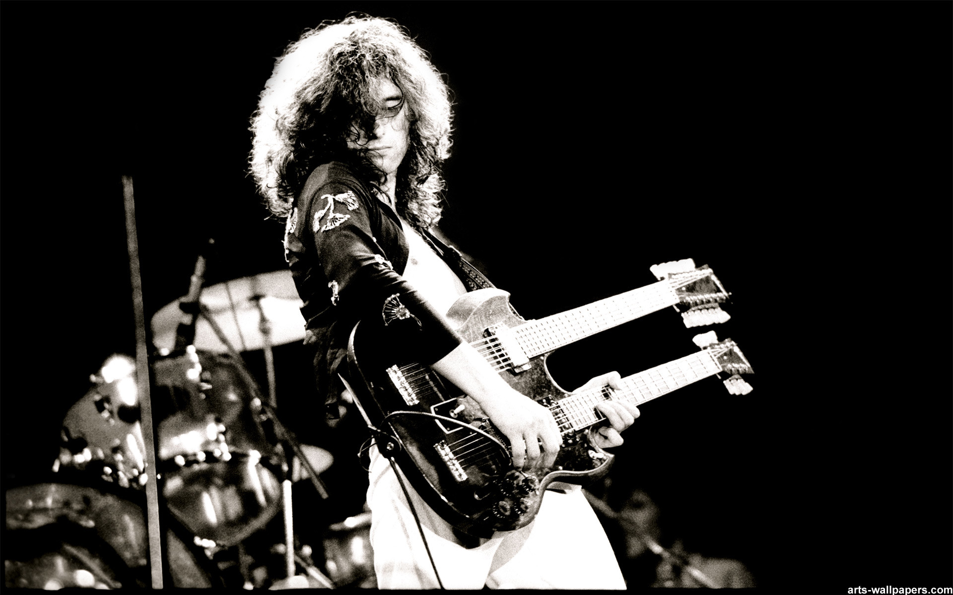 Jimmy Page, Led Zeppelin, Chitarra a doppio manico, Concerto, Bianco e nero, sfondo desktop