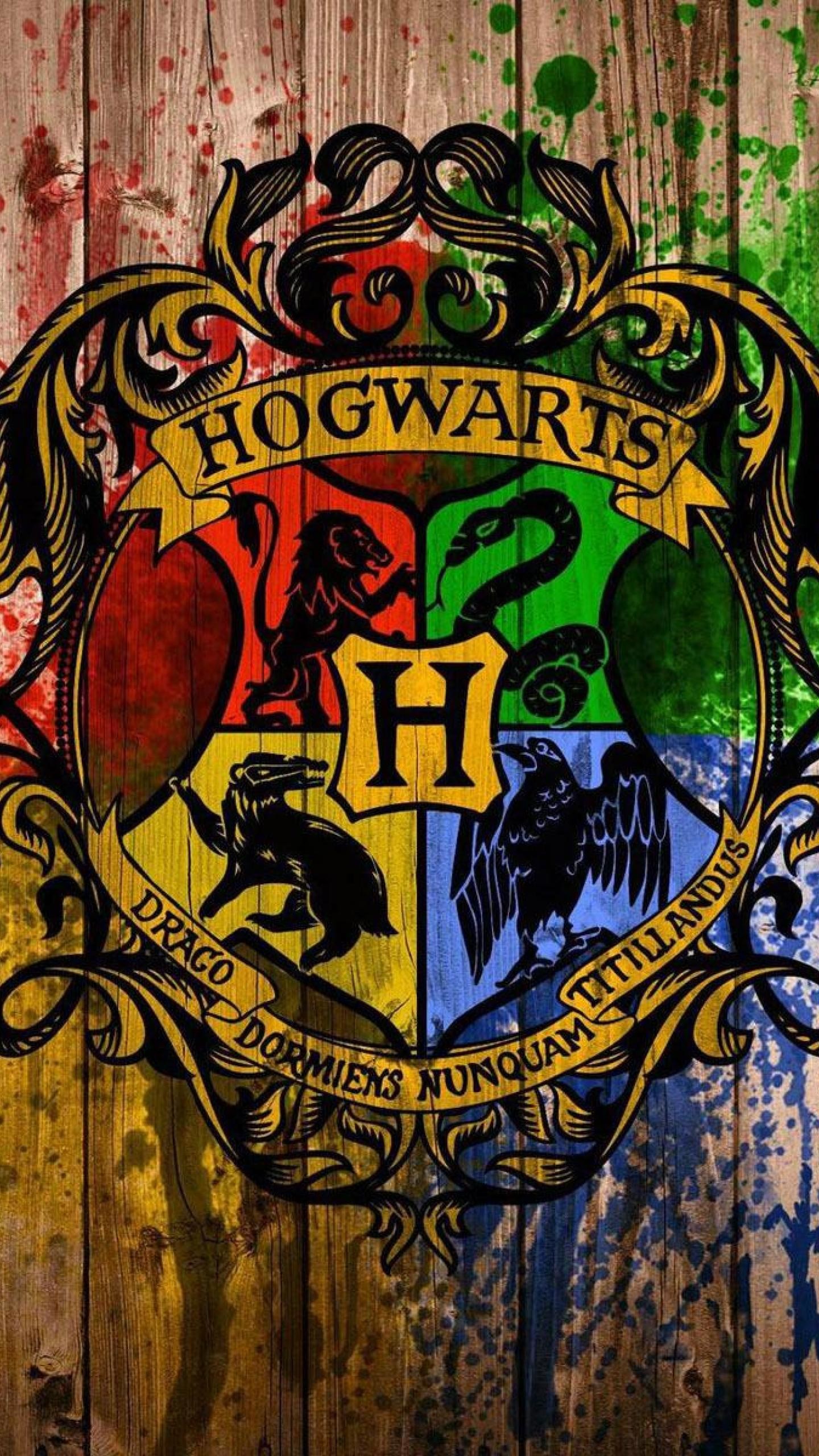 Stemma di Hogwarts, Schizzi di colore, Legno, QHD+, sfondo per smartphone
