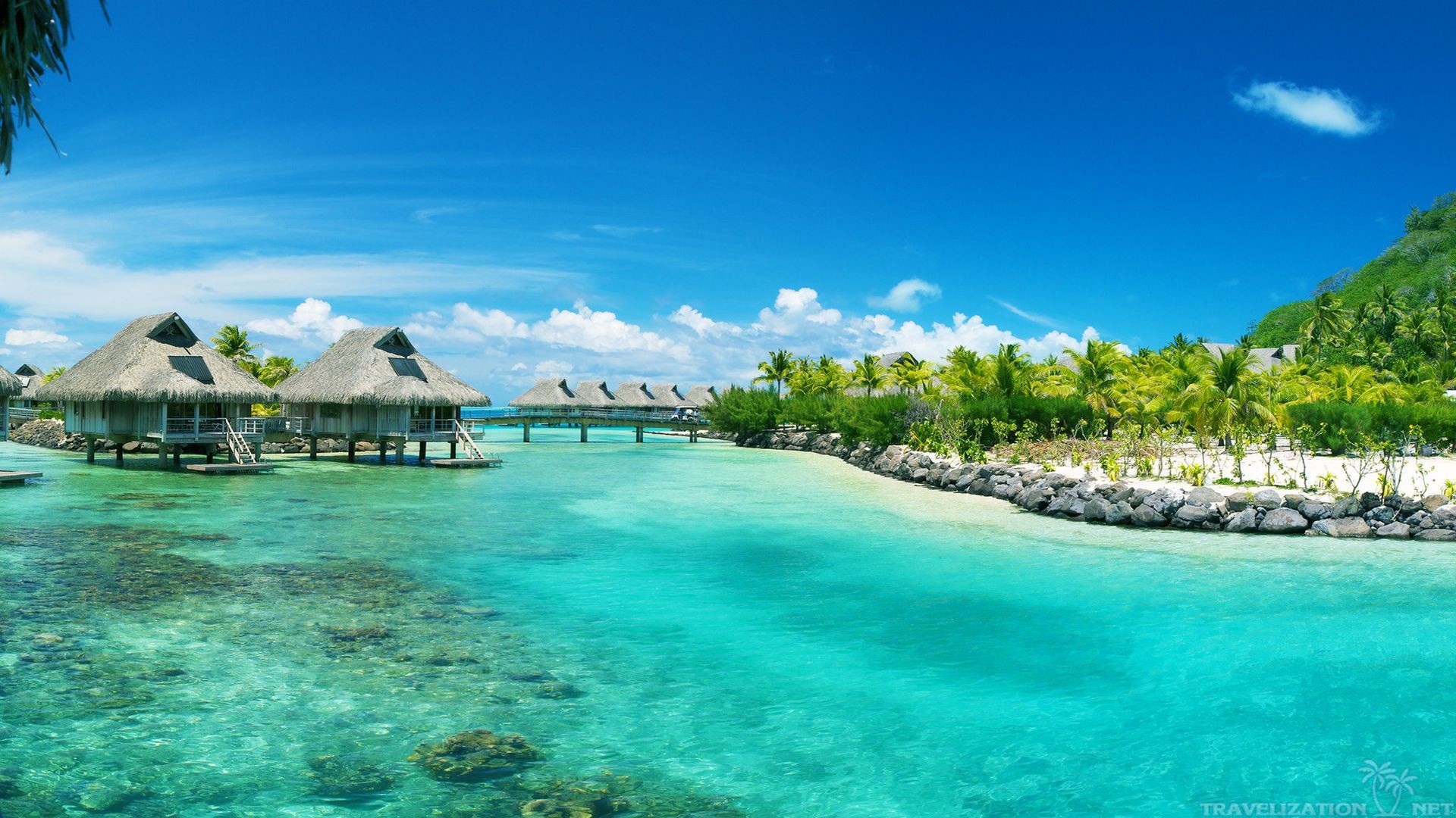 Bora Bora, Bungalow sull'acqua, Laguna turchese, Resort, Full HD, wallpaper per portatile