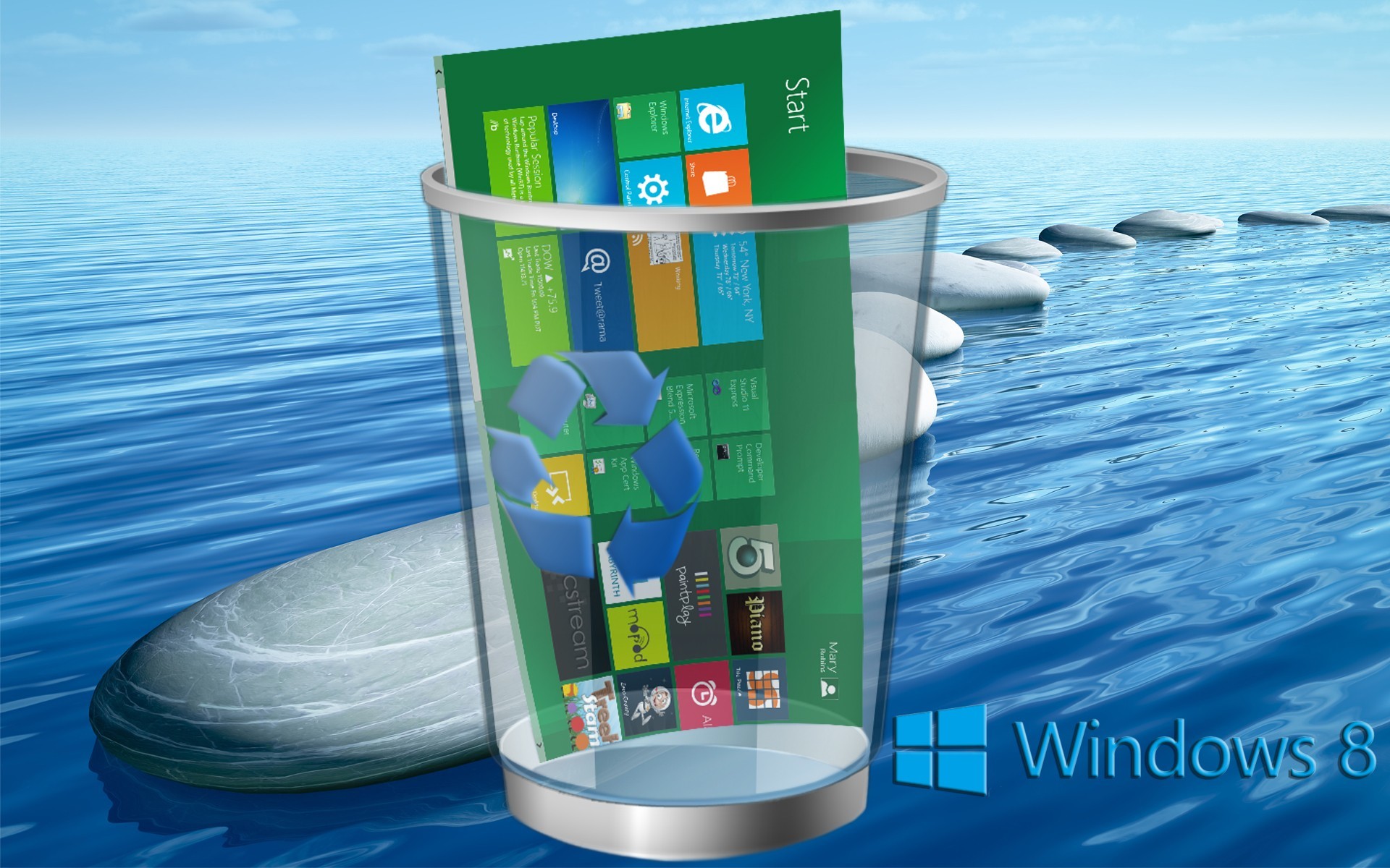 Windows 8, Cestino, Sassi, Acqua, Full HD, sfondo per PC