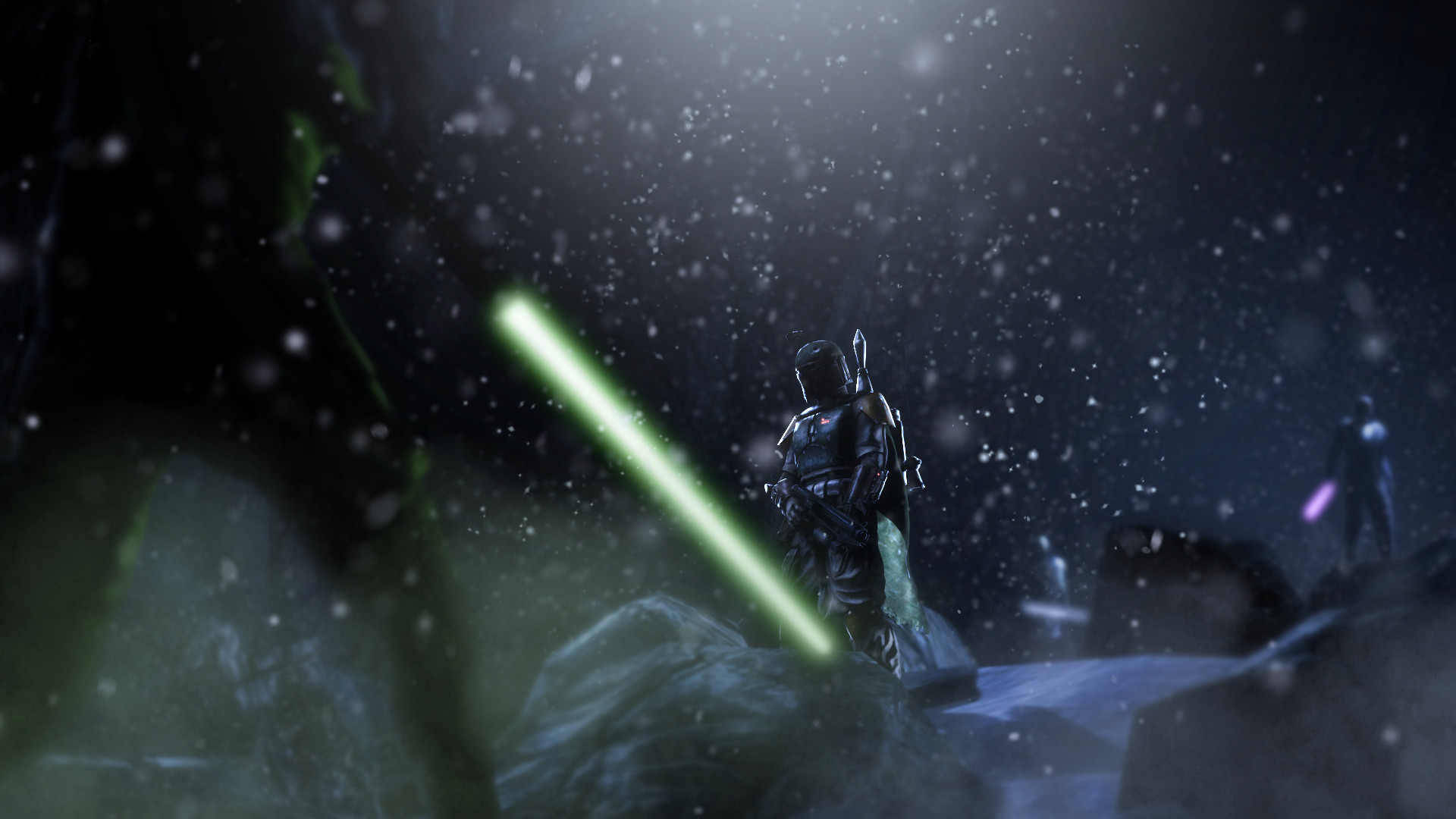 Spada laser verde, Notte, Neve, Full HD 1080p, sfondo desktop