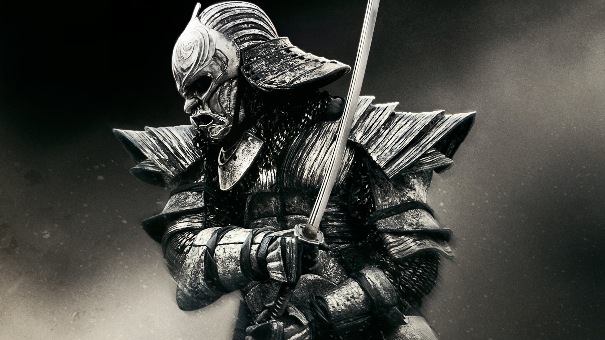 Samurai, Armatura, Katana, Bianco e nero, 2K, sfondo per portatile