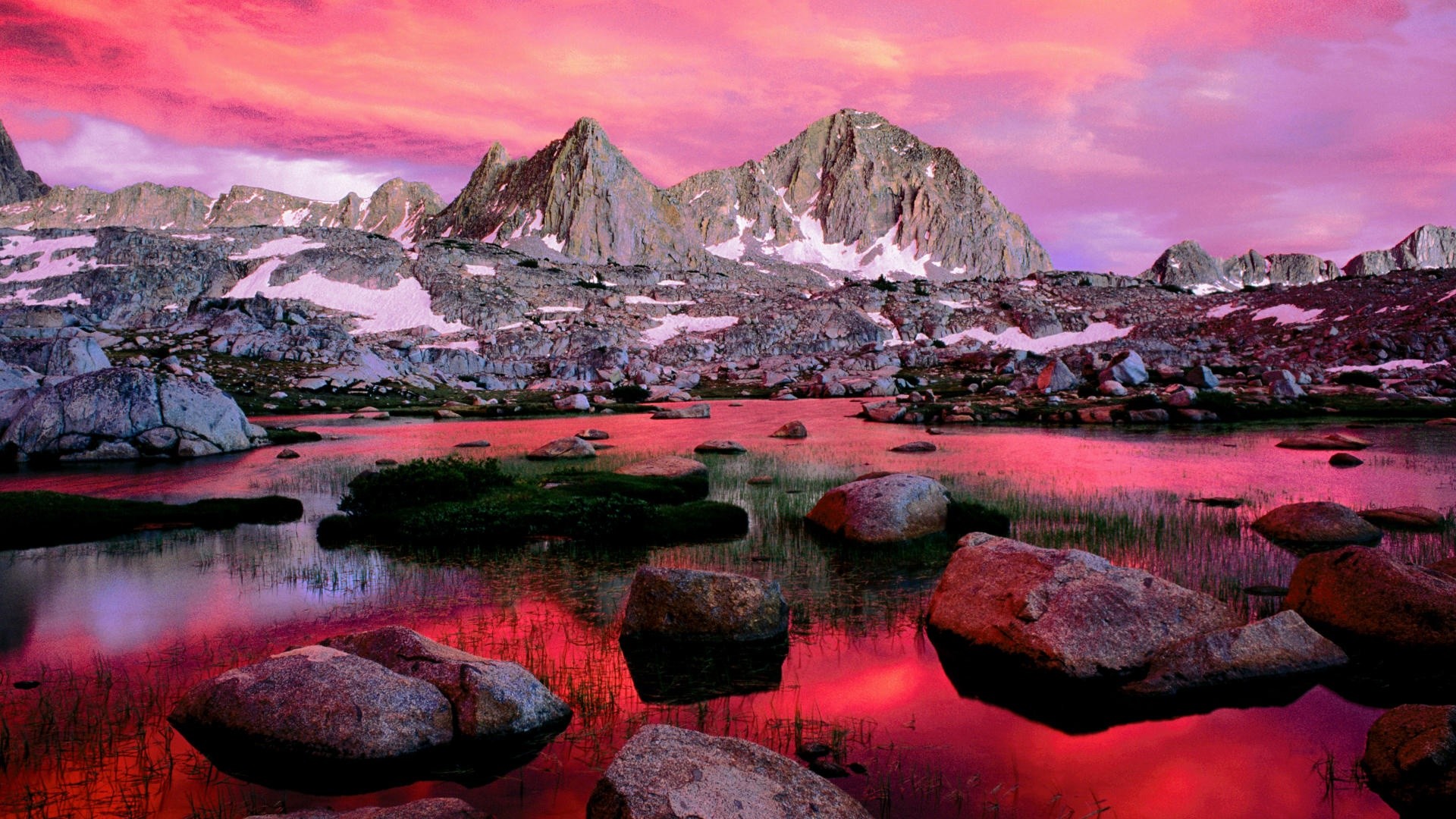 Montagne, Lago, Cielo rosa, Tramonto, 1920x1080, sfondo per PC