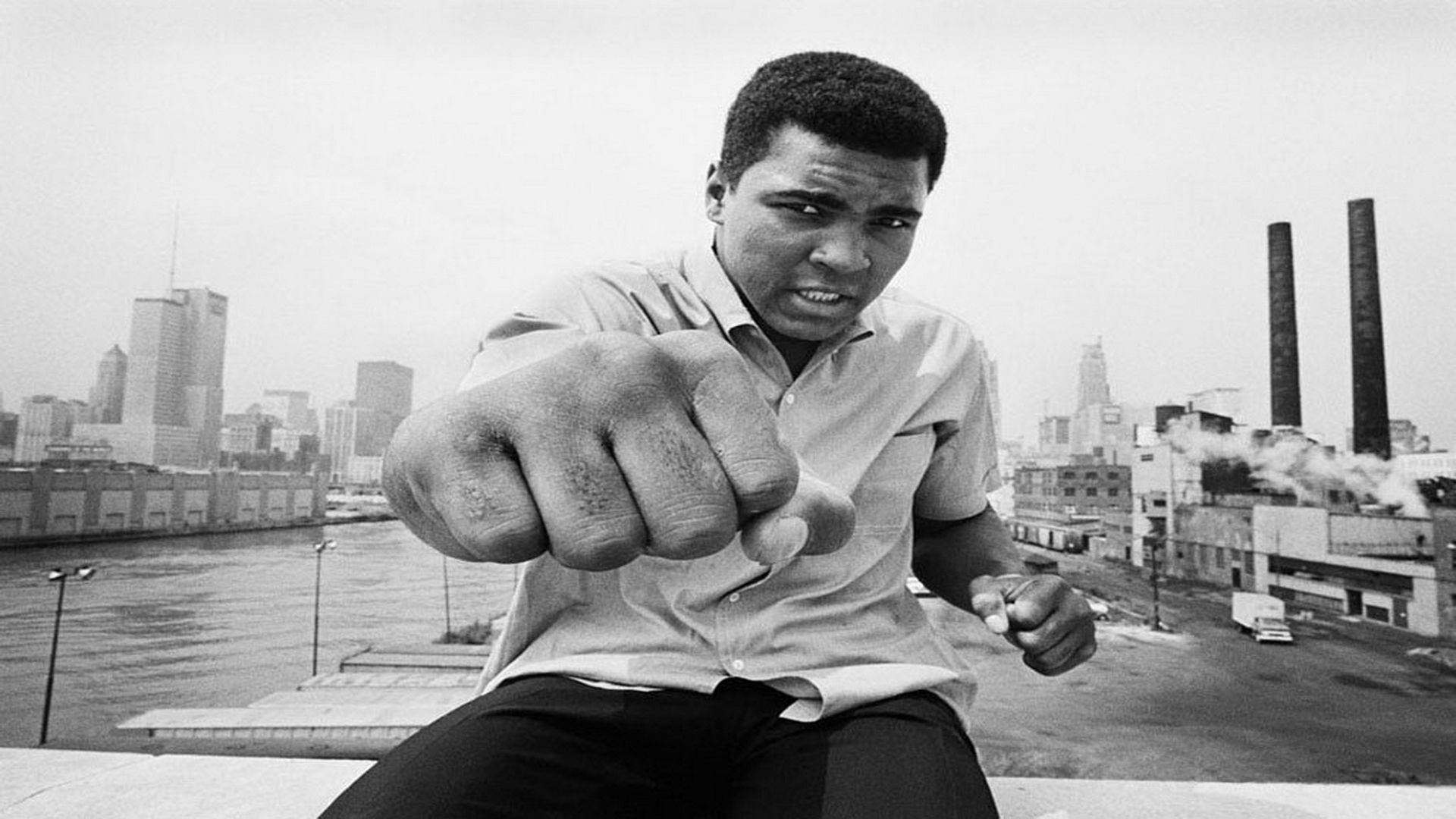 Muhammad Ali, Pugno, Città, Bianco e nero, 1920x1080, sfondo per PC