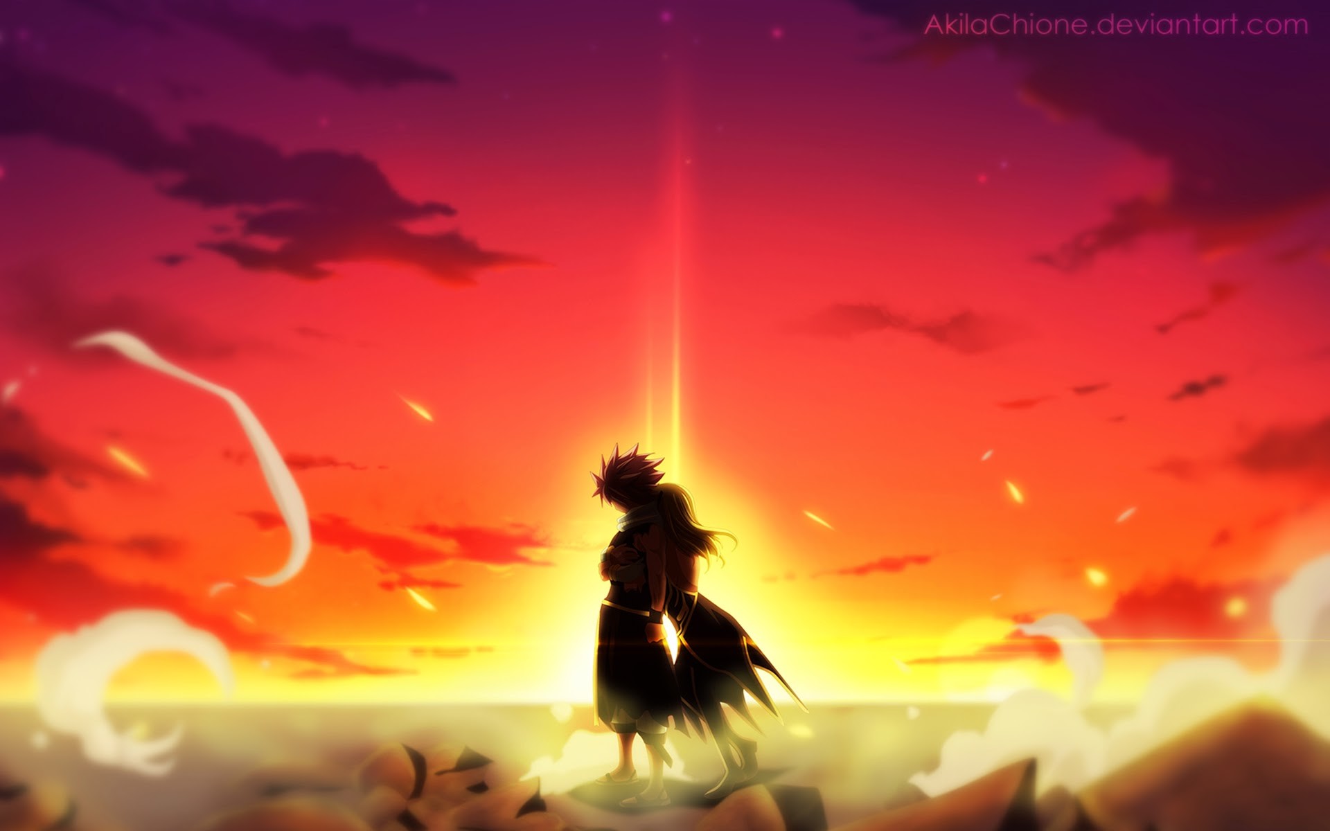 Natsu Dragneel, Fairy Tail, Silhouette, Tramonto, 16:10 Full HD, sfondo widescreen