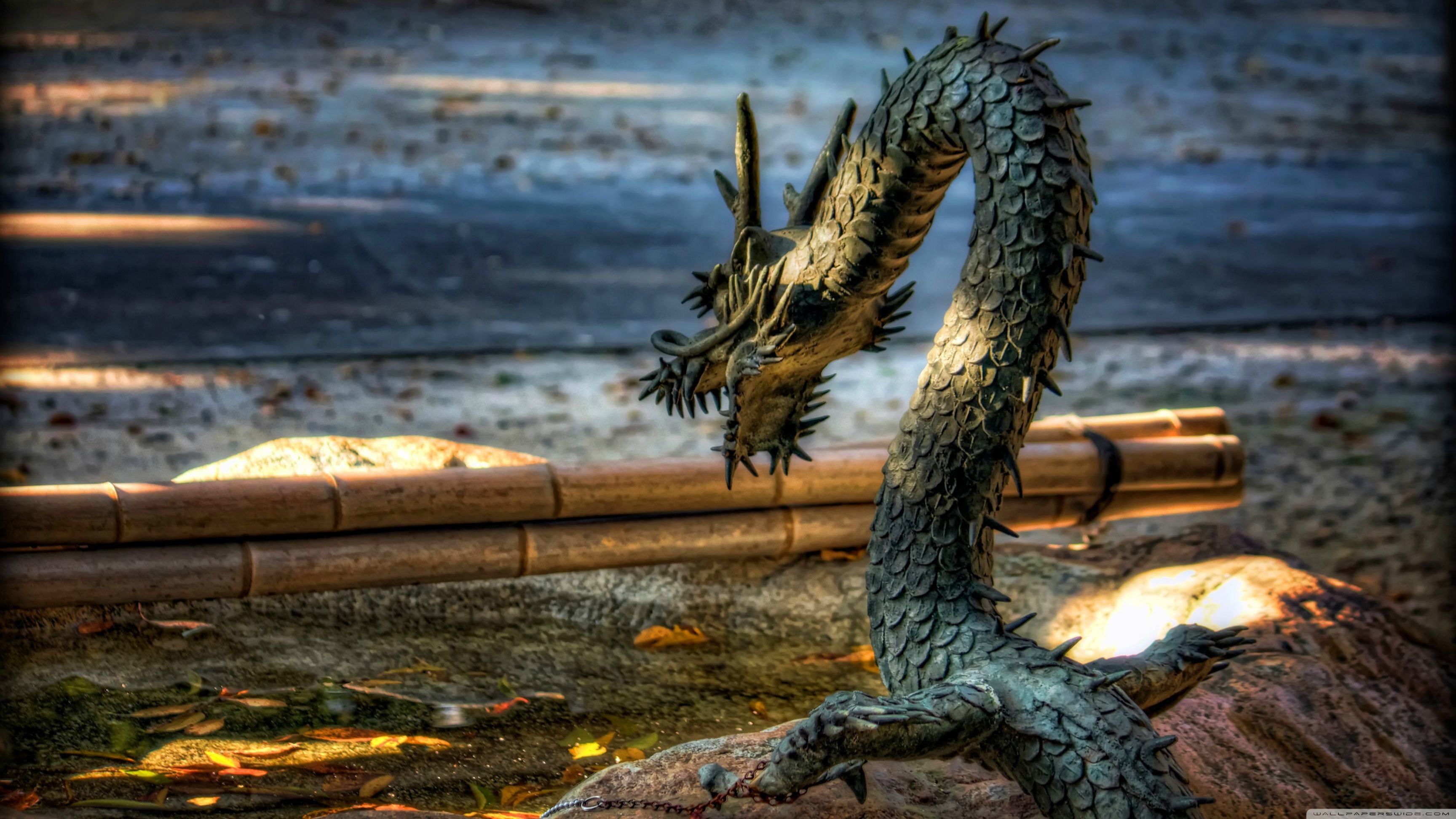 Drago giapponese, Statua, Giappone, Fontana, HDR, 16:9 2K, sfondo widescreen