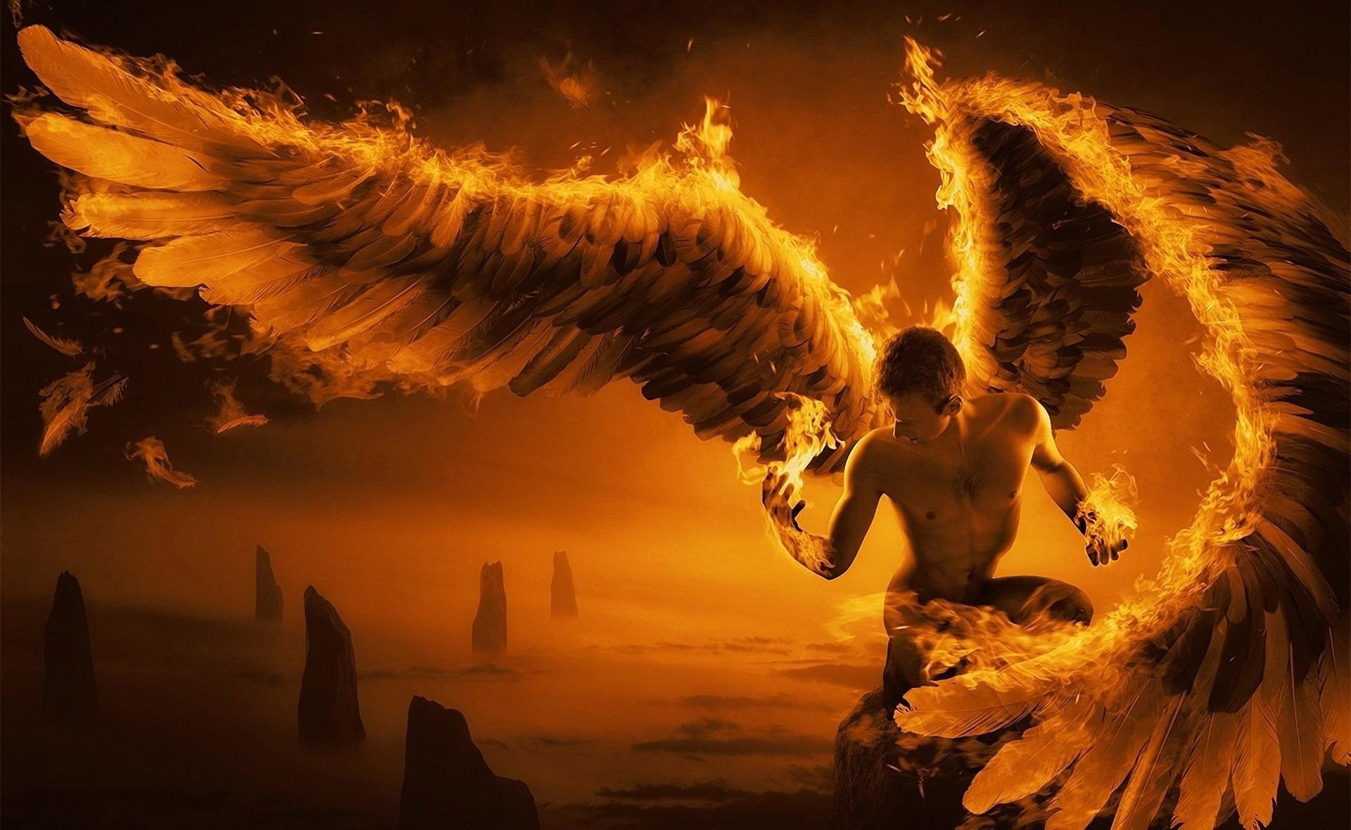 Angelo di fuoco, Ali infuocate, Arancione, Arte fantasy, Full HD, sfondo Windows 11