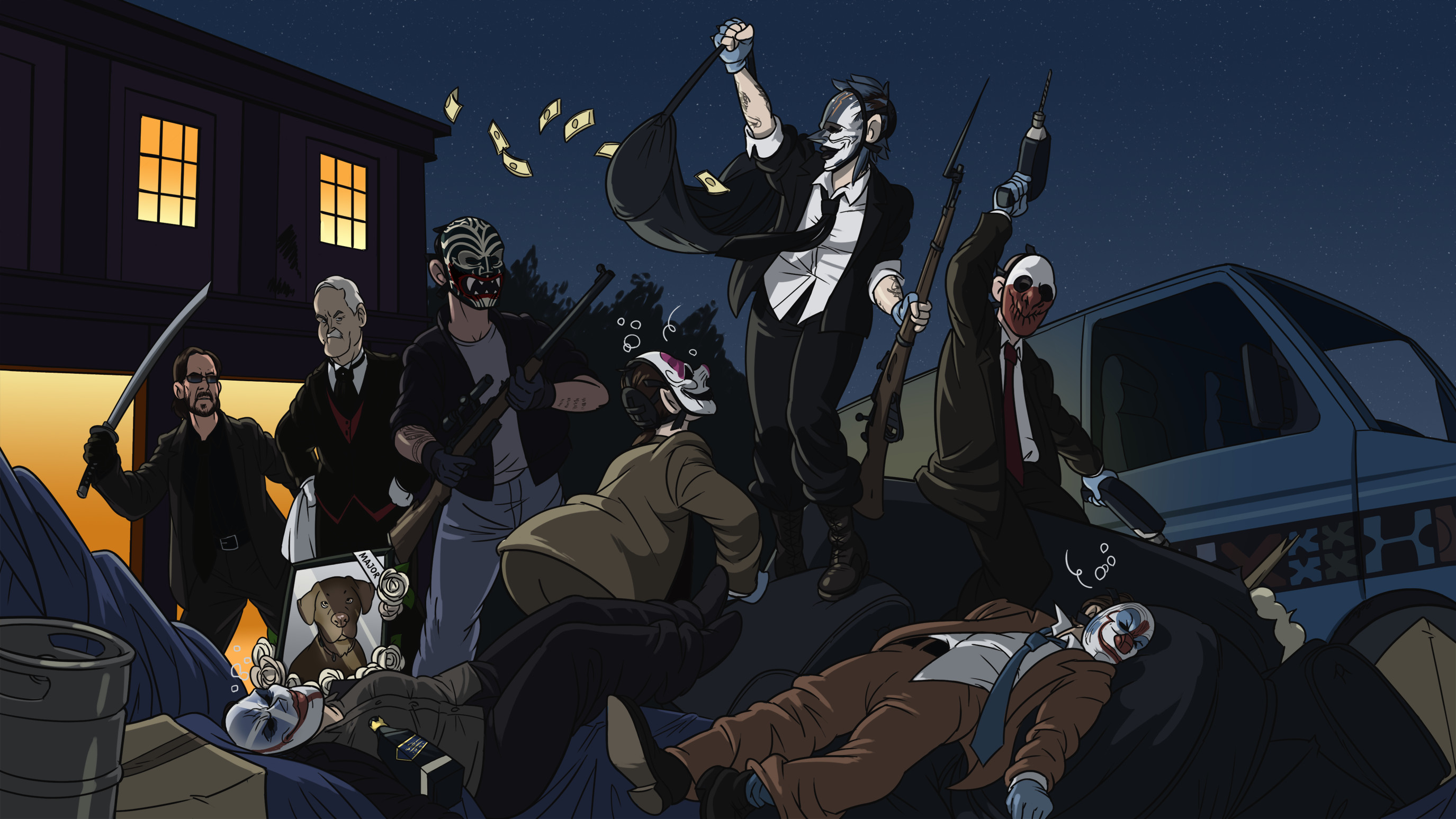 Payday Gang, Payday 2, Fumetto, Notte, Furgone, 2K, sfondo Windows 11